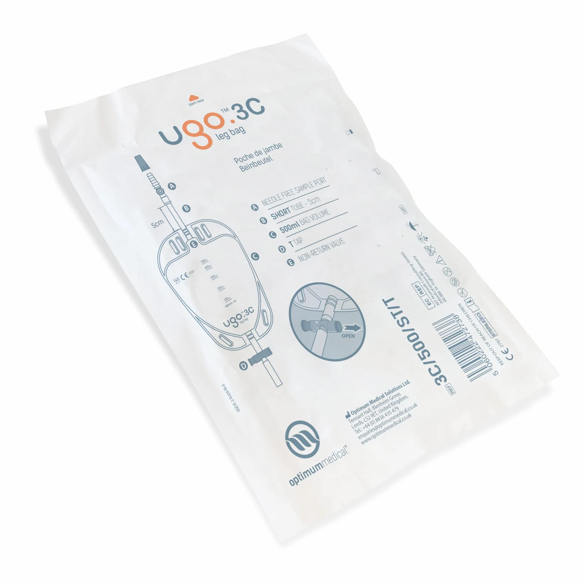 Ugo Bolsas Pierna 500ml x10 - Bolsas de Drenaje Orina Catéter, Tubo Corto, T Tap