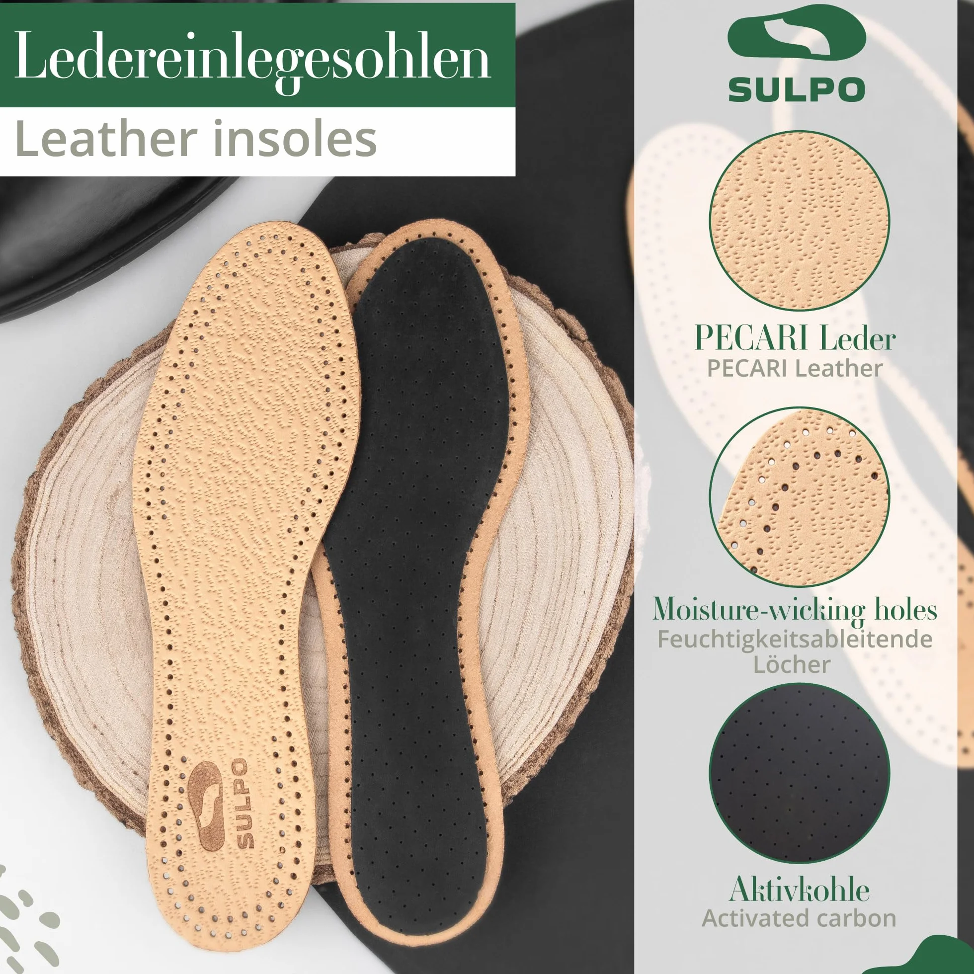 SULPO 3 pares plantillas piel auténtica carbón activado absorben olores antisudor transpirable