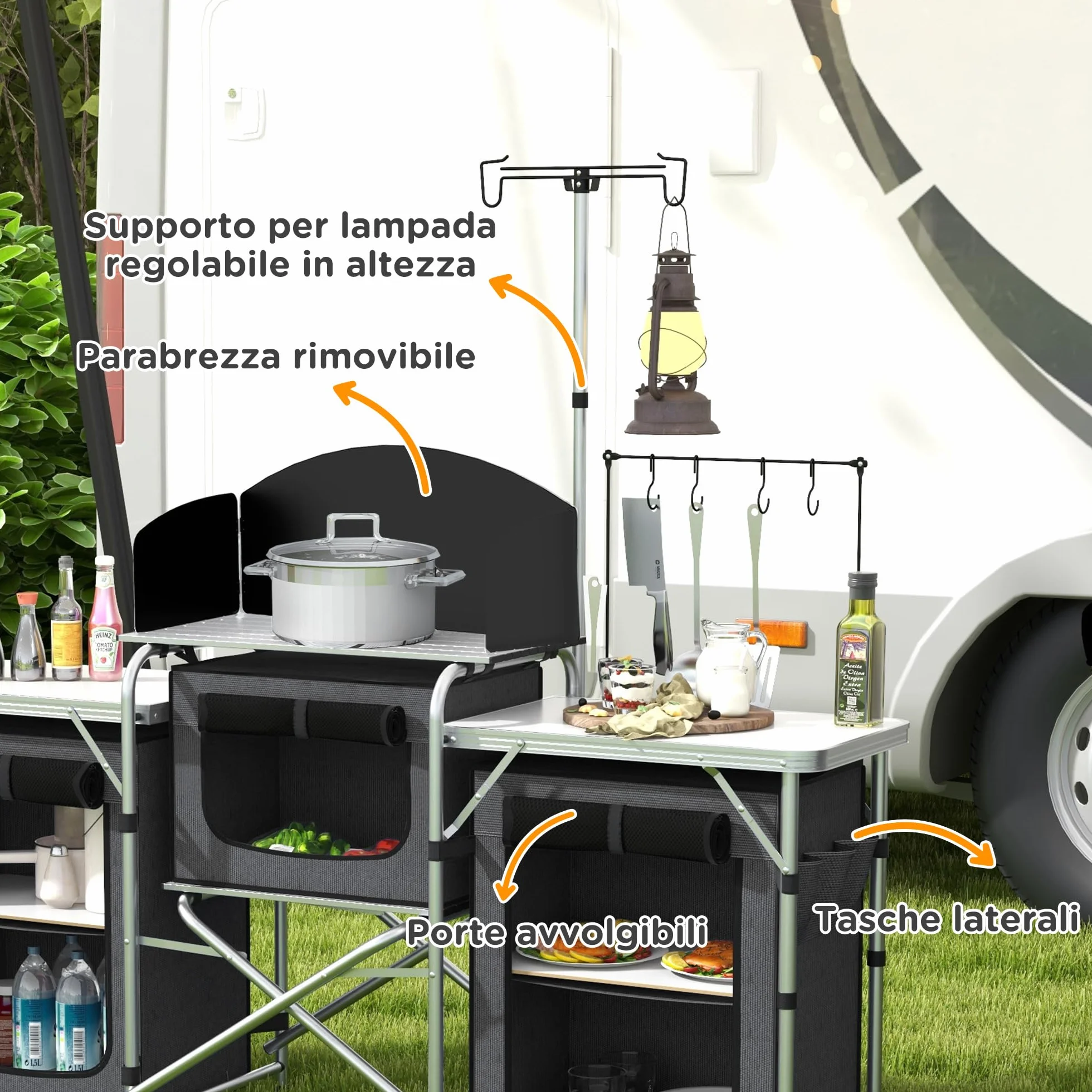 Outsunny Cocina de Camping Plegable, Armario de Camping de 3 Estantes con 5 Estantes Internos, 4 Ganchos y Bolsa de Transporte, Aluminio, MDF y Tejido Oxford, UV50+, 172x48x119 cm, Negro