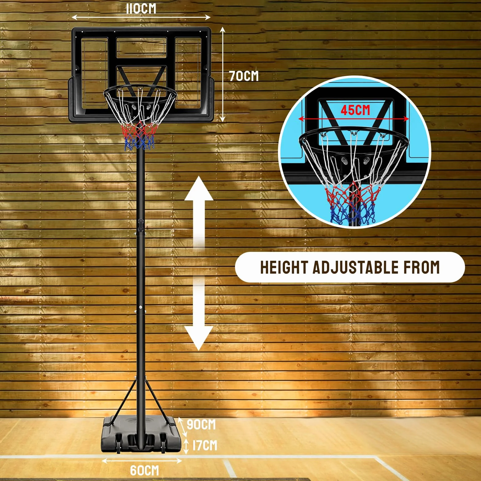 Canasta de baloncesto portátil con ruedas, altura ajustable 230-304 cm, para niños y adultos