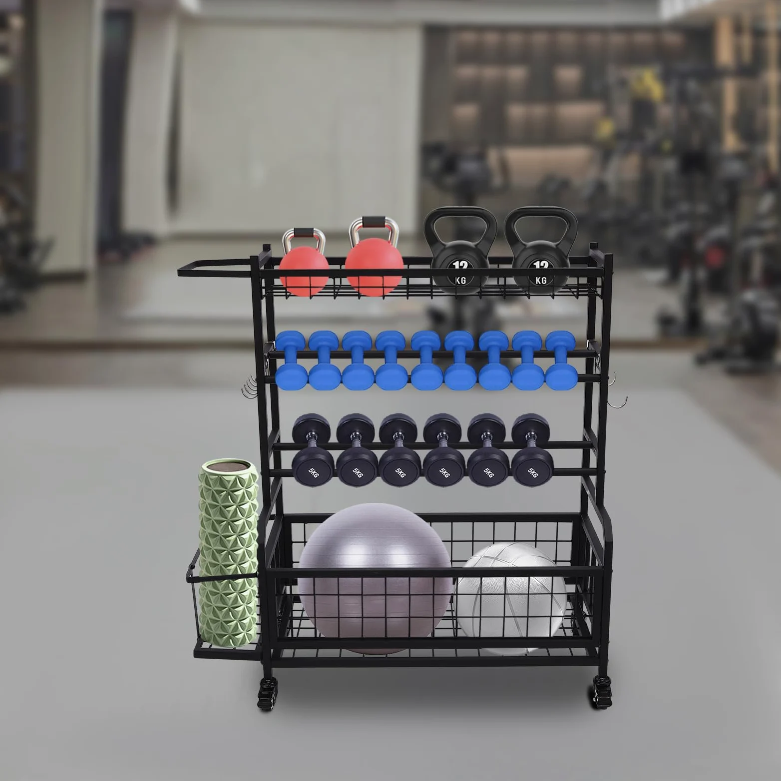 Soporte para pesas, soporte multifuncional para aparatos de fitness con ruedas y freno, soporte de acero ajustable para gimnasio en casa con cestas de almacenamiento y ganchos, 136 kg, organizador