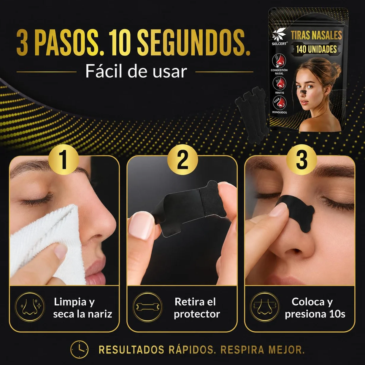 Tiras Nasales Antirronquidos x140 Dilatador Nasal Negro para Dormir Deporte Congestión Nasal