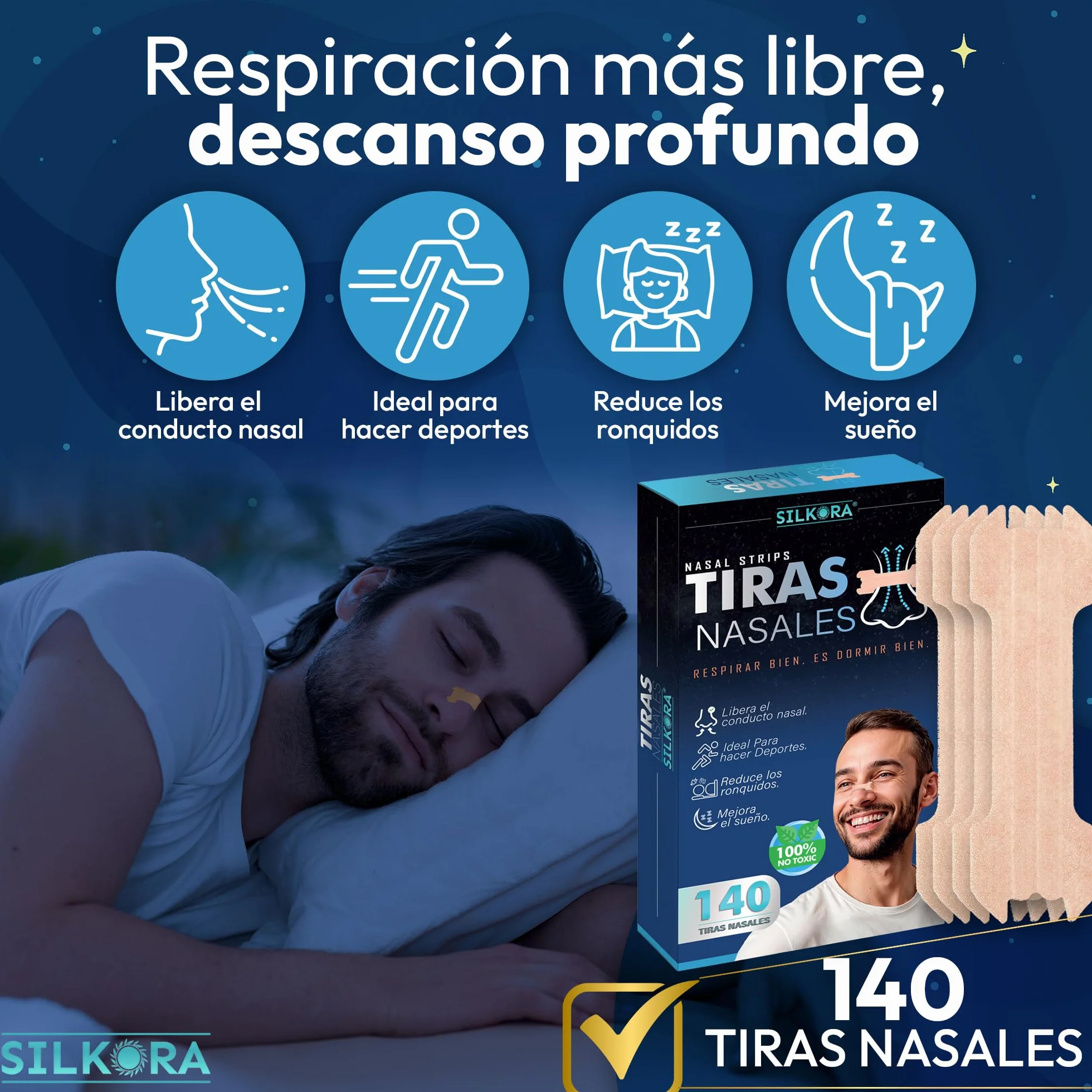 SILKORA® Premium Tiras Nasales Antirronquidos Alivian Congestión Nasal Nose Strips Breathe Right