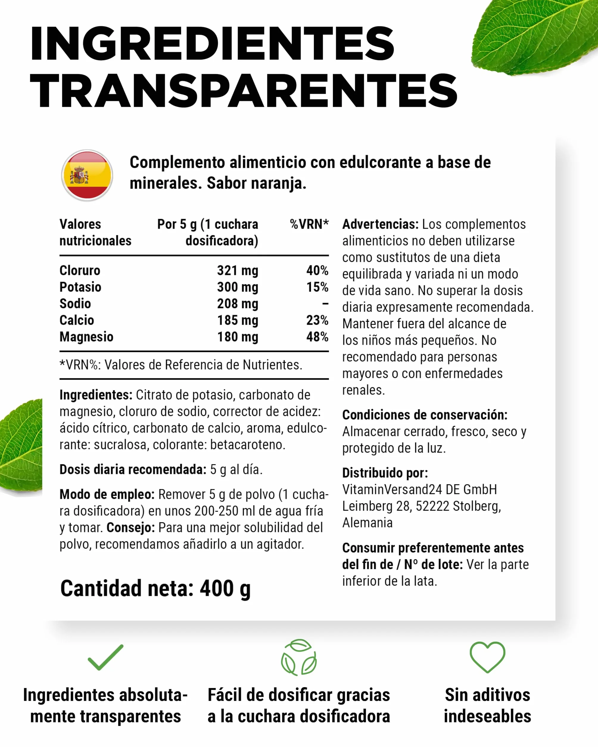 vit4ever Electrolitos 400 g 80 Porciones Fórmula Hidratación Cloruro Potasio Sodio Calcio Magnesio Sin Azúcar Vegano Sabor Naranja