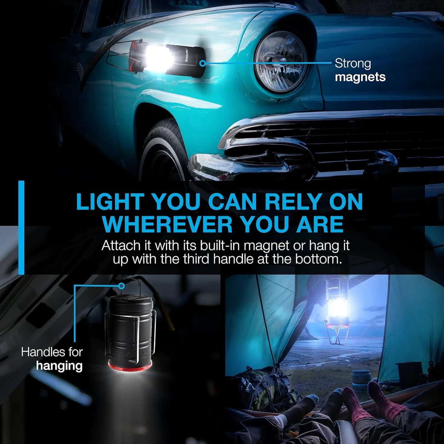 Linterna de camping, linternas LED, kits de supervivencia adecuados para huracanes, luz de emergencia para tormentas, interrupciones, linternas portátiles al aire libre, color negro, plegable, pilas
