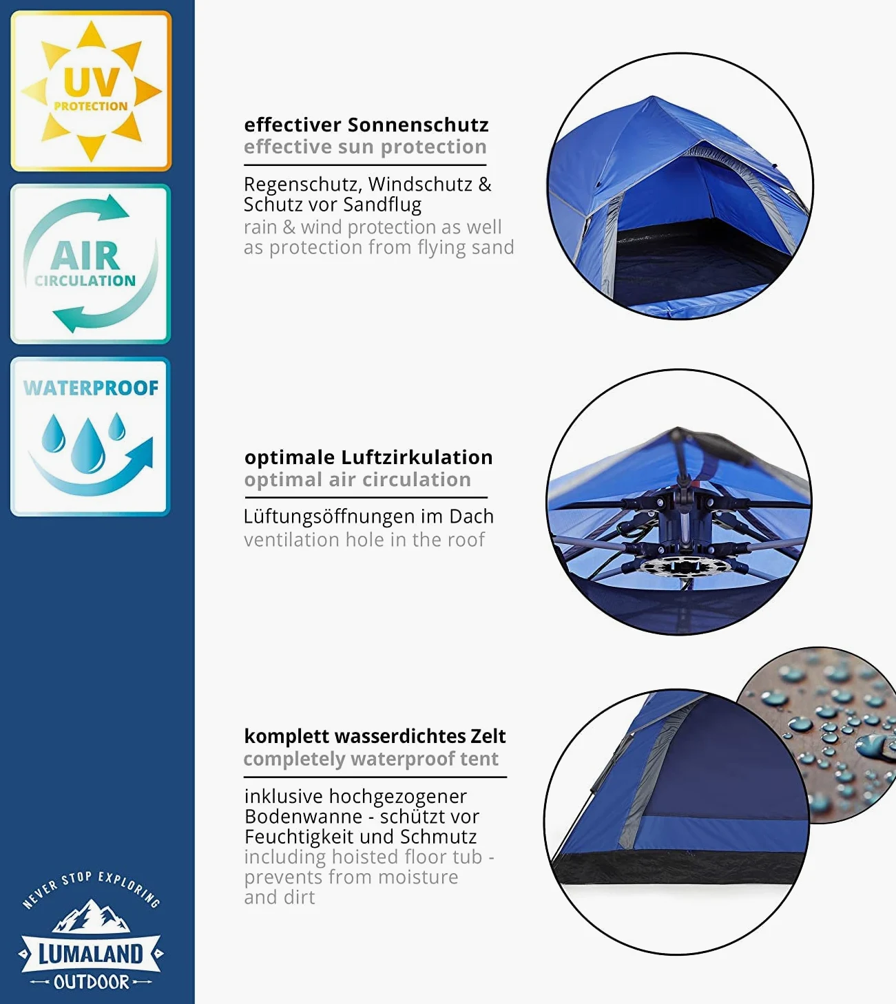 Lumaland Tienda de campaña desplegable | Tienda de campaña para 2-3 Personas 215 x 195 x 120 cm | Tienda de campaña iglú para 4 Estaciones | Tienda de campaña para Senderismo y Festivales al Aire