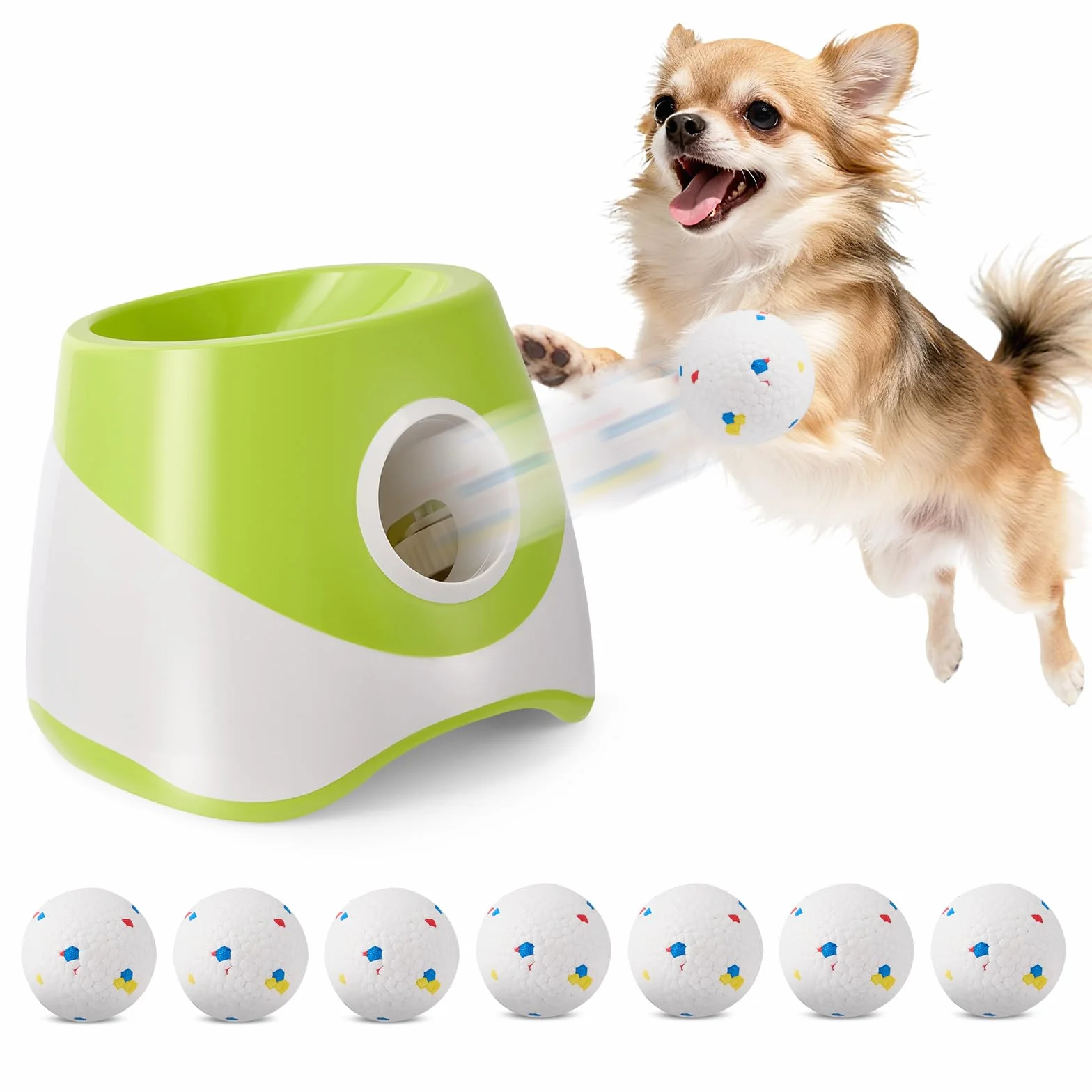 Máquina lanzadora de pelotas para perros, con 6 pelotas de tenis, con 3 niveles de distancia (6-14 m), recargable, para perros pequeños, color verde