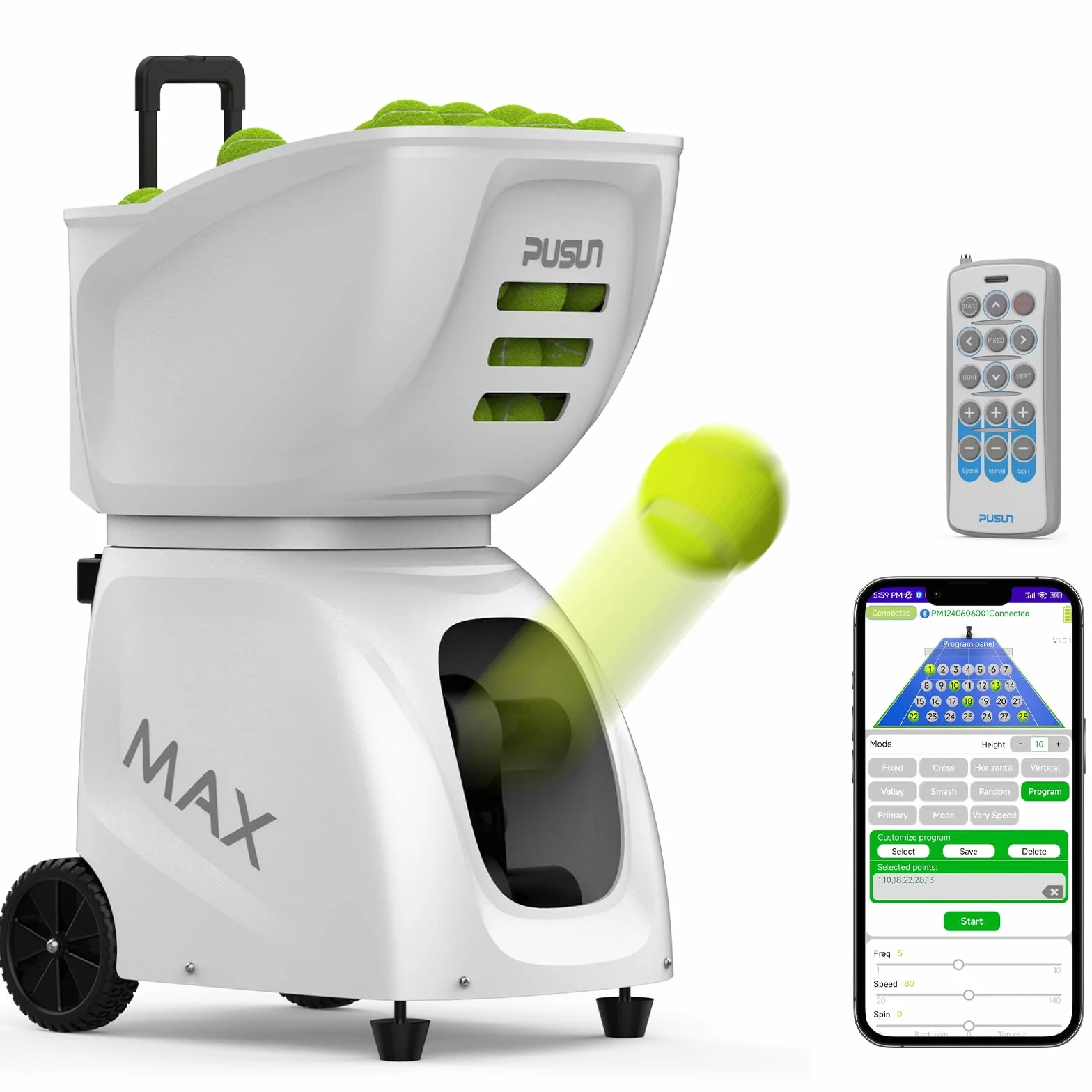 PT-Max C Máquina de pelotas de tenis con control remoto, lanzador 12-87 MPH, giro superior/trasero/lateral, capacidad 150+ pelotas, control app Android iPhone Apple
