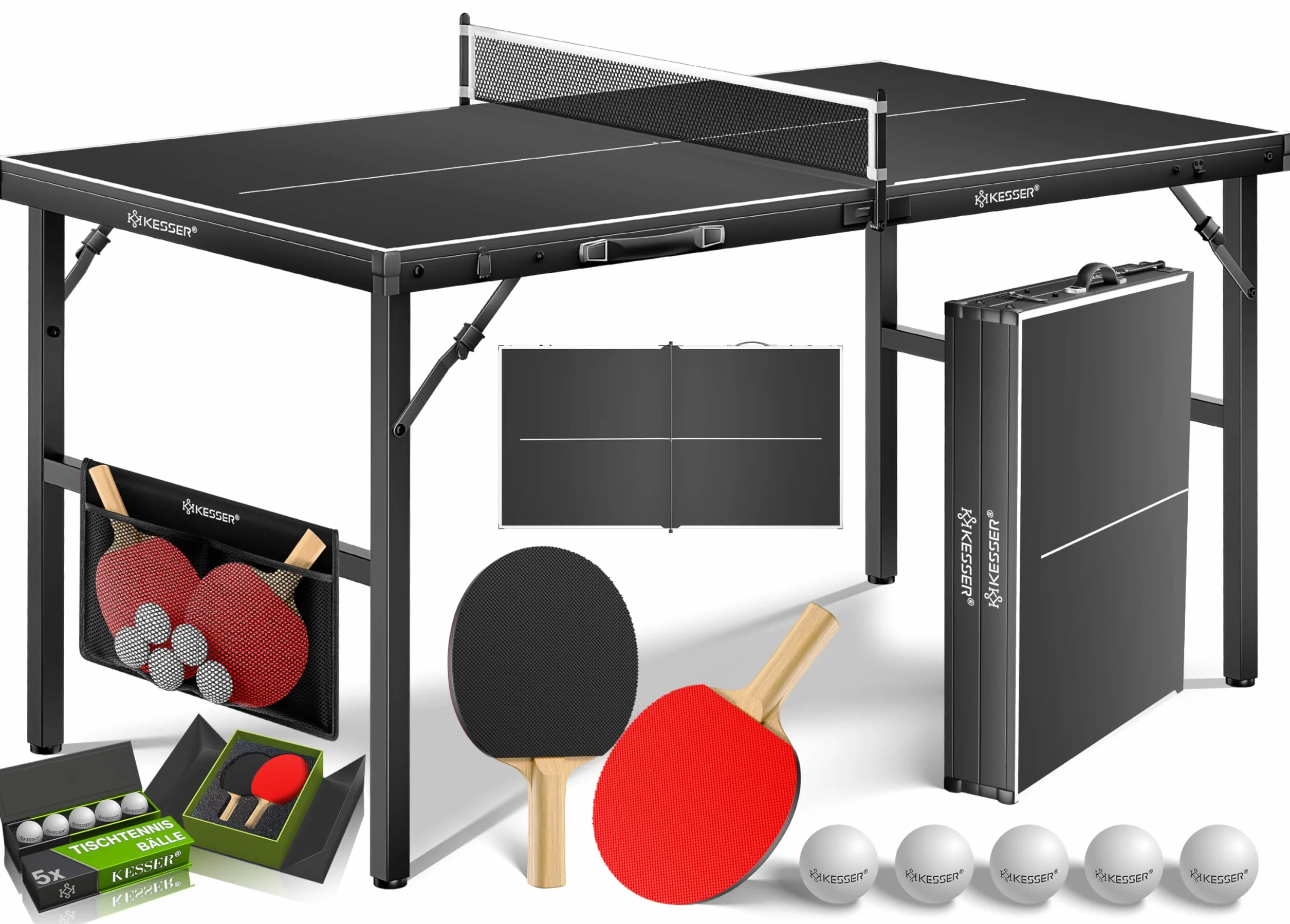 KESSER Mesa de ping pong Mini Outdoor Interior con raquetas, pelotas y red TT – Resistente a la intemperie – Plegable para viajes
