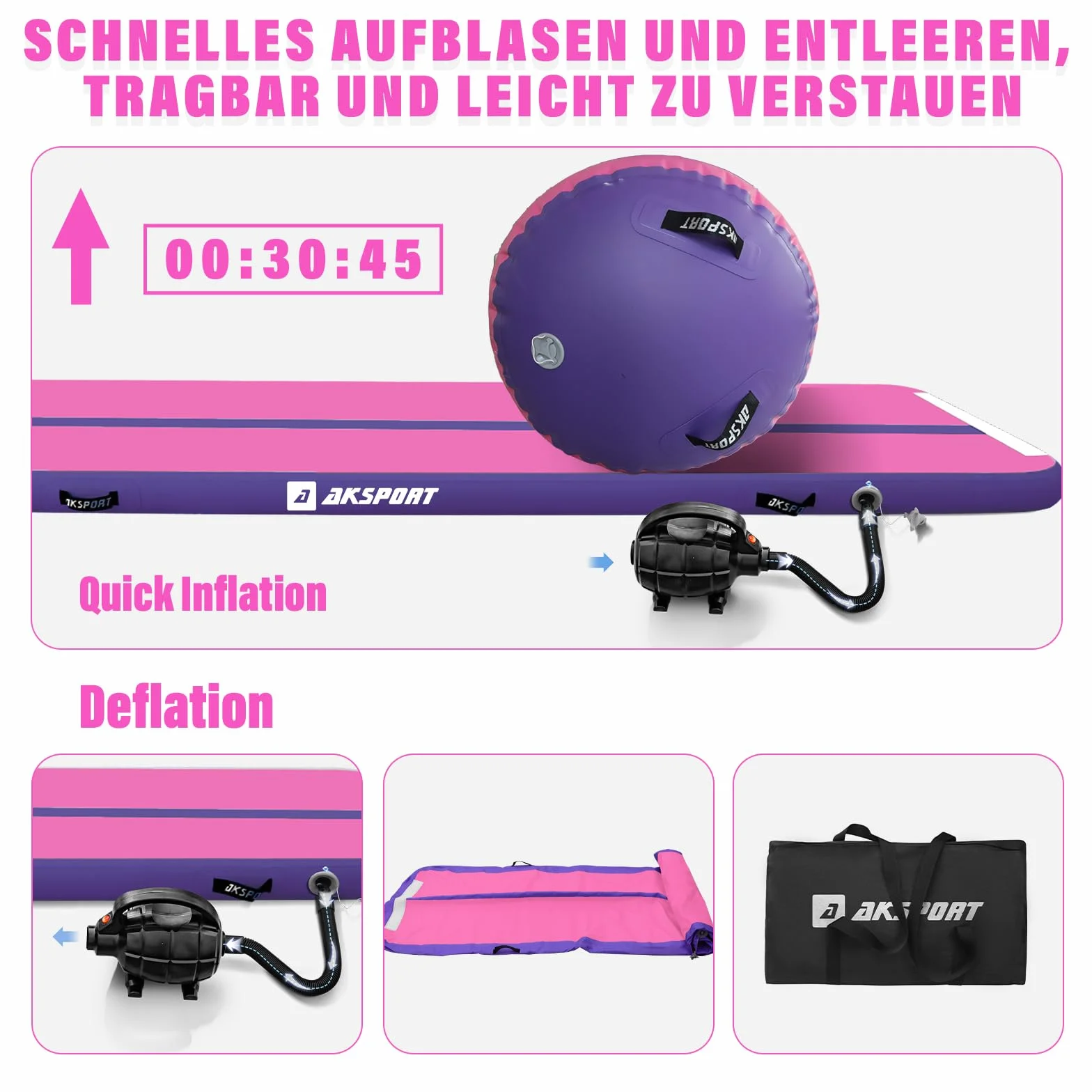 AKSPORT Airtrack con Air Roll 3 m Esterilla hinchable gimnasia con rodillo bomba aire