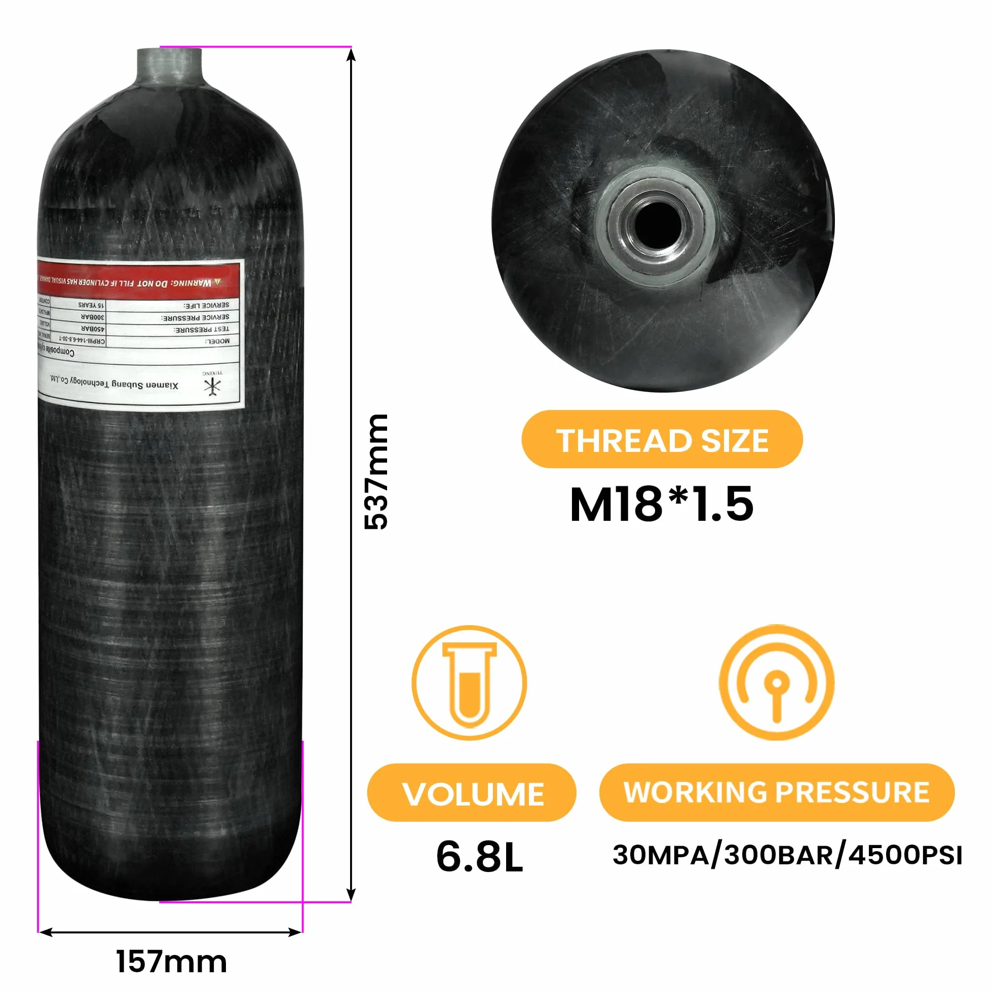 TUXING Depósito de Aire de Fibra de Carbono Paintball HPA de 6.8L/414ci (no Dot), Sistema de Aire PCP de 4500 PSI