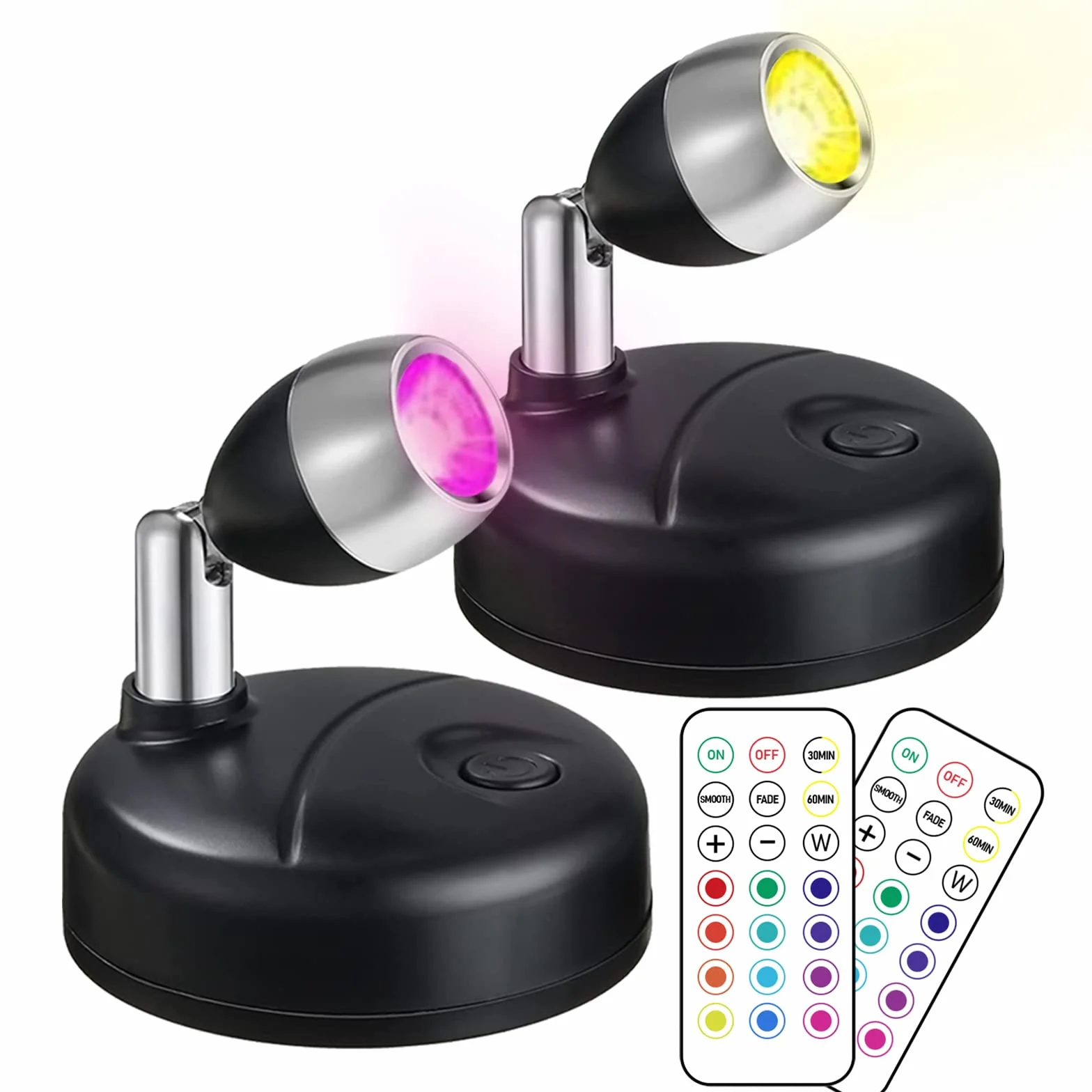 Klarlight RGB LED Mini Spotlight 13 Colores Inalámbrico a Pilas con Mando a Distancia 2-Pack Negro