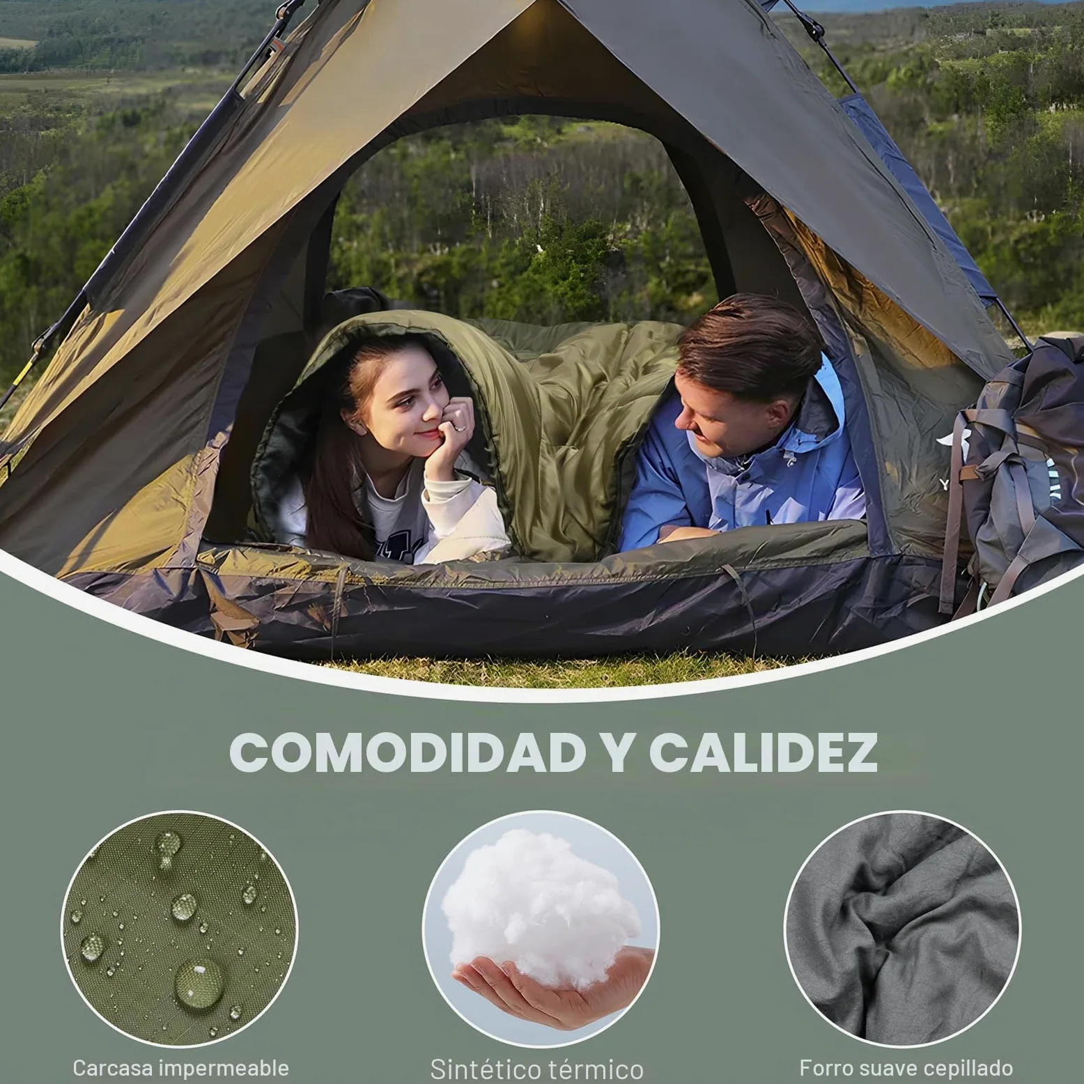 Saco de dormir doble, saco de dormir para 2 personas, tamaño Queen, para adultos, parejas, familia, camping, mochileros, XL, impermeable, ligero, para clima frío y cálido (verde militar)