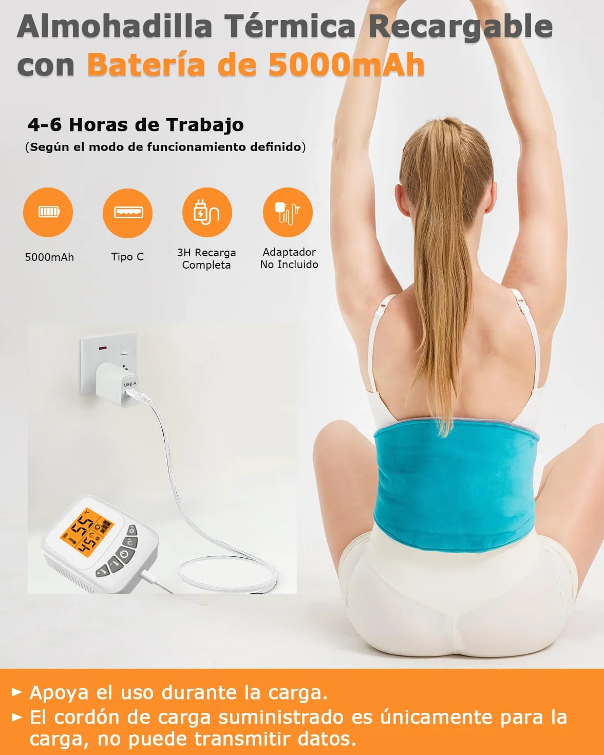 JOBYNA Almohadilla Eléctrica Lumbar, Manta Eléctrica Inalámbrica con Vibración, 5000mAh Masajeador Lumbar, 40-60℃ y 3 Modos de Vibración, Para Aliviar El Dolor la Zona Lumbar, Espalda y Abdominal