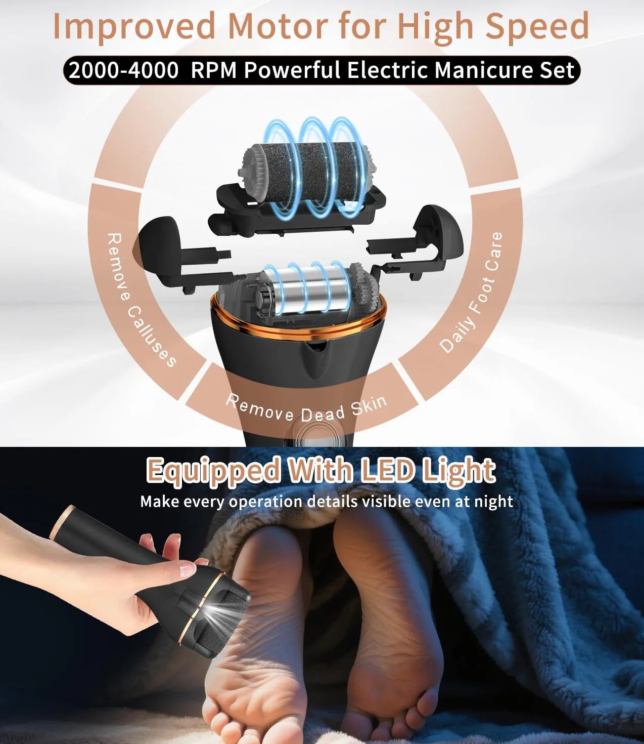 Lima Electrica Pies Durezas 18 Piezas Set Pedicura Profesional IPX7 Impermeable 3 Rodillos 2 Velocidades