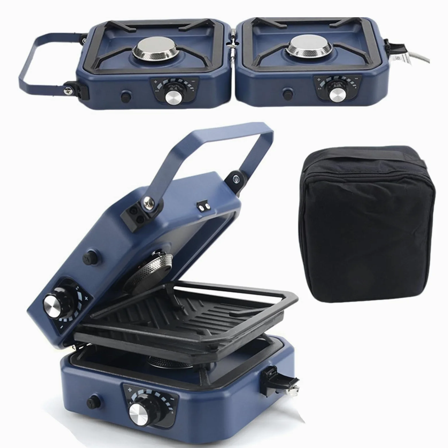 Estufa de camping portátil de 2 quemadores con plancha, quemadores ajustables y encendido piezoeléctrico para cocinar al aire libre