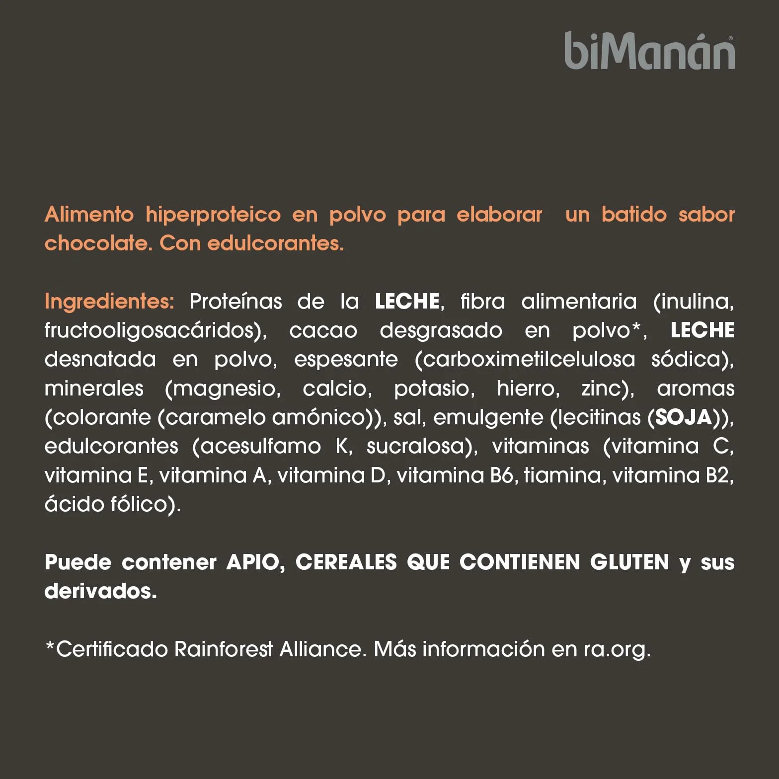 BIMANÁN Batido de Proteína Chocolate 52% Proteína 360g 12 Raciones