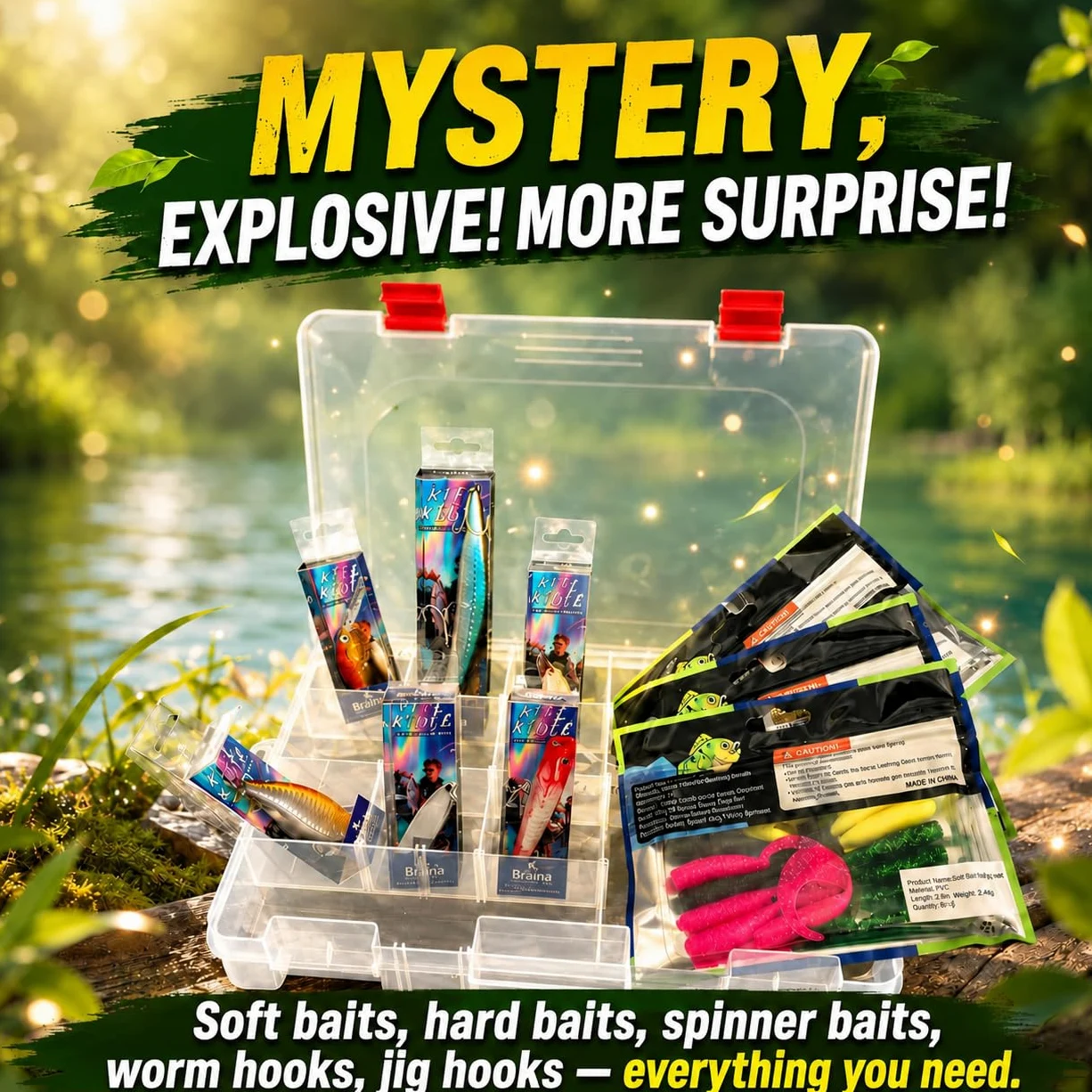 Kit de señuelos de pesca de lubina juvenil, 7 cebos suaves y señuelos duros para principiantes, juego multiusos de agua dulce con caja de aparejos, tarjetas de instrucciones, aparejo Texas y Drop Shot