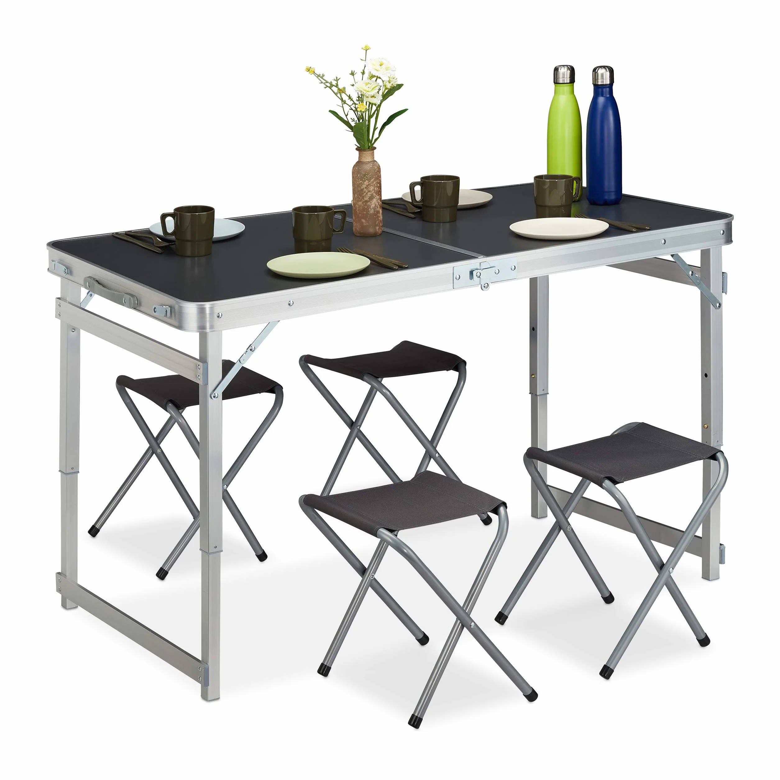 Relaxdays Set Muebles Camping, Plegable, 4 Sillas, Mesa, Altura Ajustable, 120 x 60 cm, Aluminio, MDF, Plateado/Gris