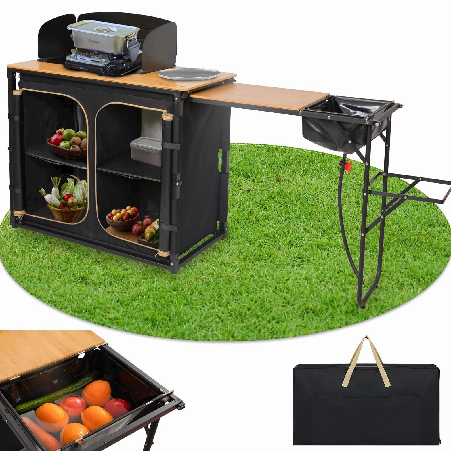 KingCamp Cocina de Camping con Fregadero – Cocina Exterior bambú/Aluminio, Mueble Plegable con Soporte lámpara, Almacenamiento y Protector Viento, Ideal para Camping, Picnic y Barbacoa