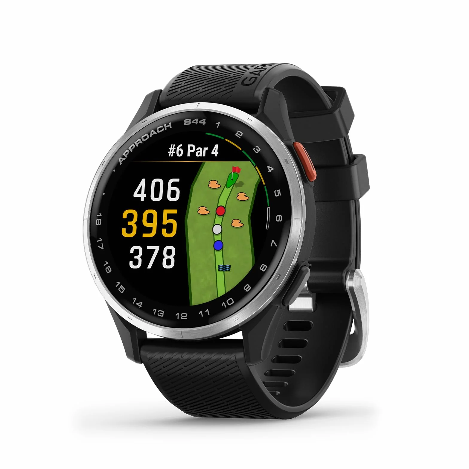 Garmin Approach S44 Golf GPS Smartwatch AMOLED Plateado Bisel Aluminio Correa Silicona Negra
