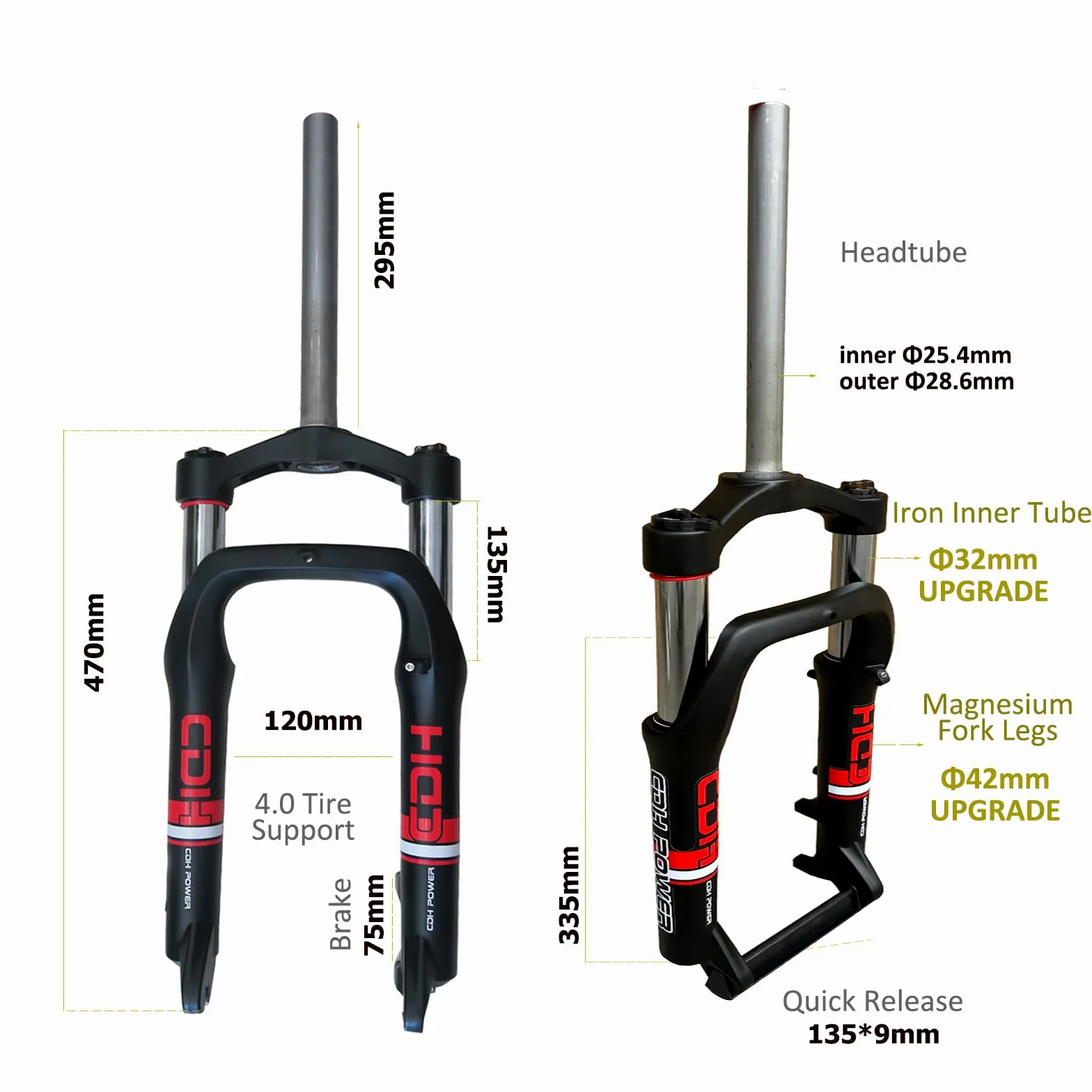 Horquilla de bicicleta de 20" con suspensión para neumáticos de 4,0" de goma grasa, hombro único con combo de 1-1/8" de rosca, freno de disco para bicicleta de nieve/tríciclo