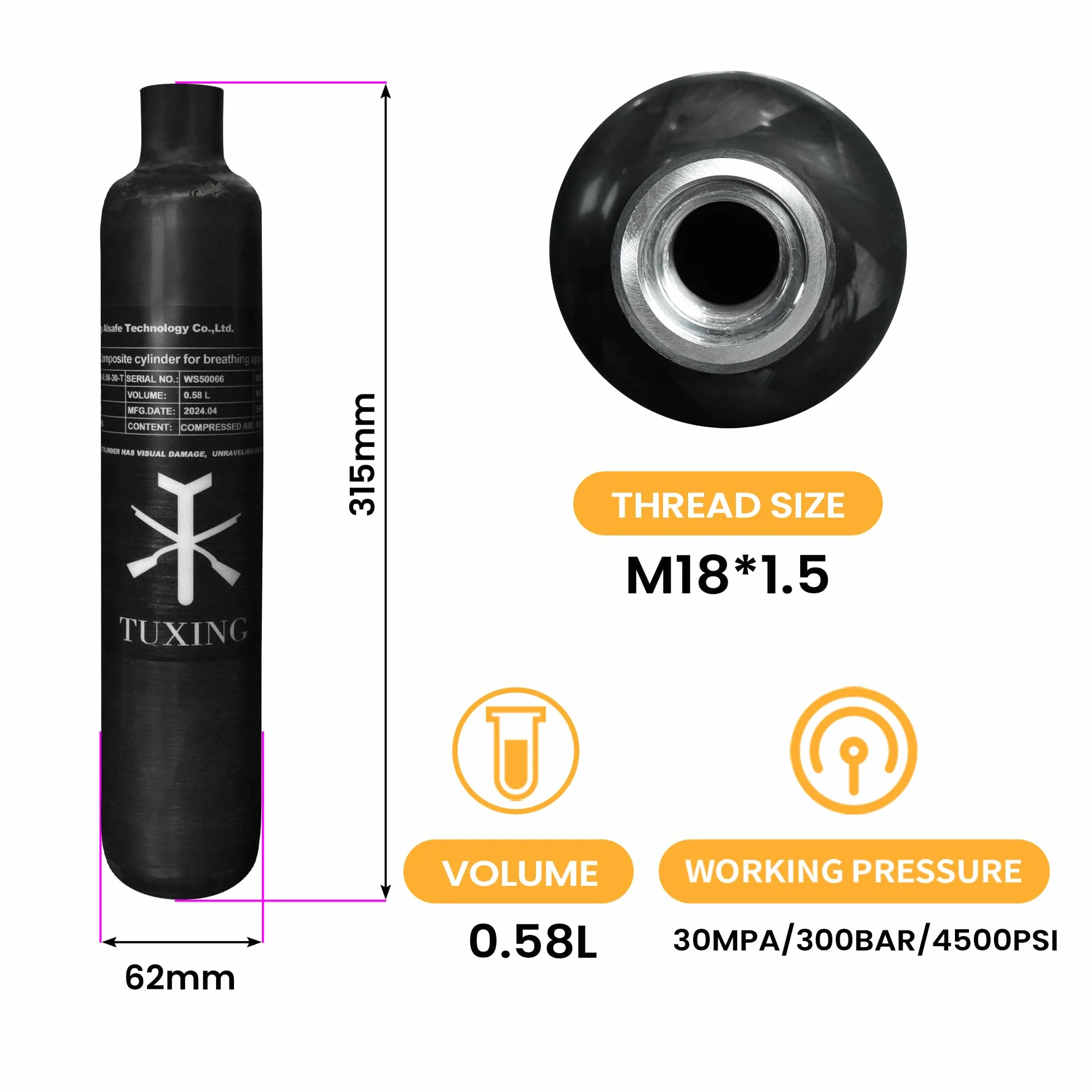 Cilindro de Gas de Fibra de Carbono de 30Mpa, 4500Psi, 0,58 L, 580cc, Tanque de Paintball HPA, Caza para PCP, Pistola de Rifle de Aire, Rosca de Cilindro M18 * 1,5