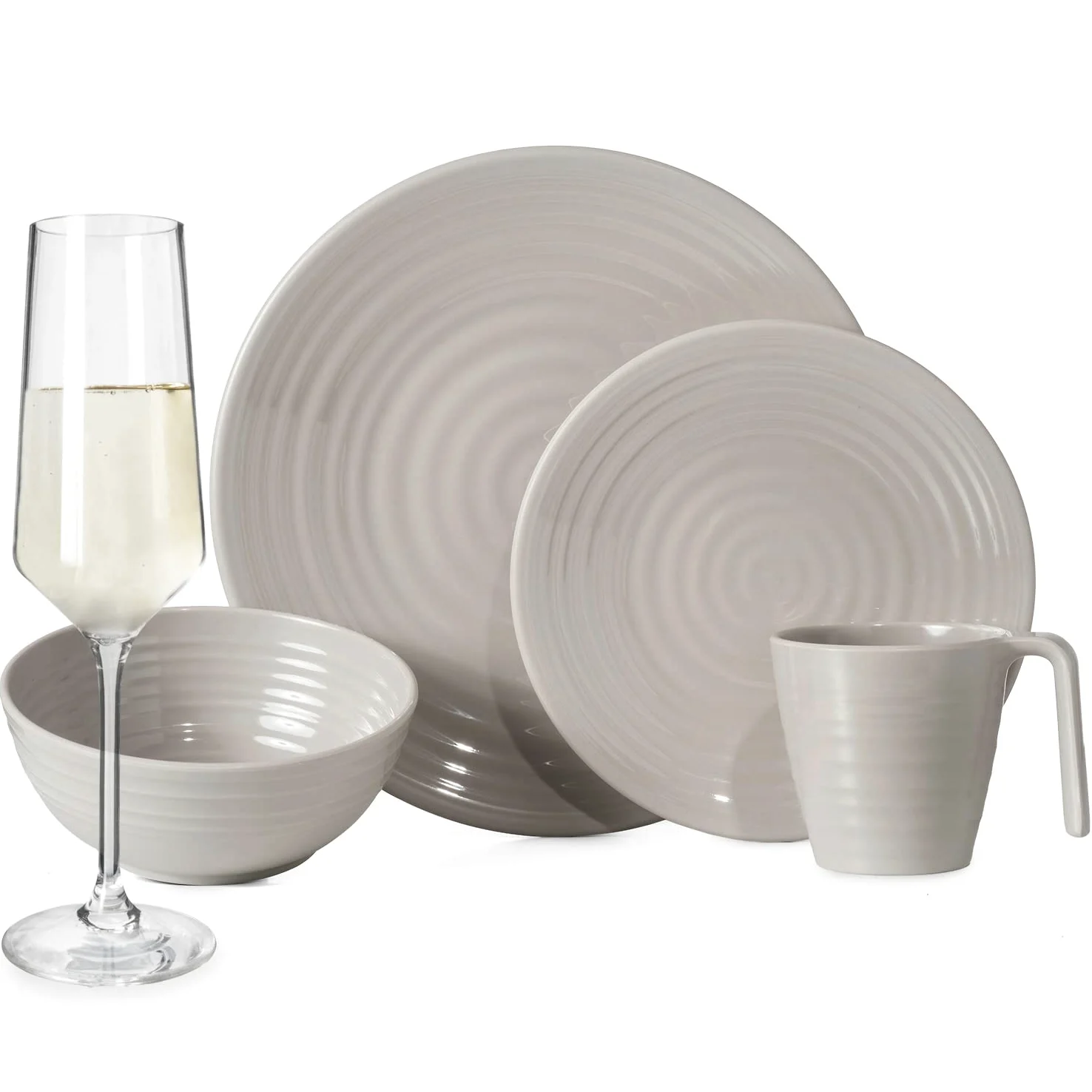 Juego de vajilla de melamina para camping para 4 personas, diseño de café, 16 piezas + copas Milano, copas de champán, platos, picnic, barbacoa