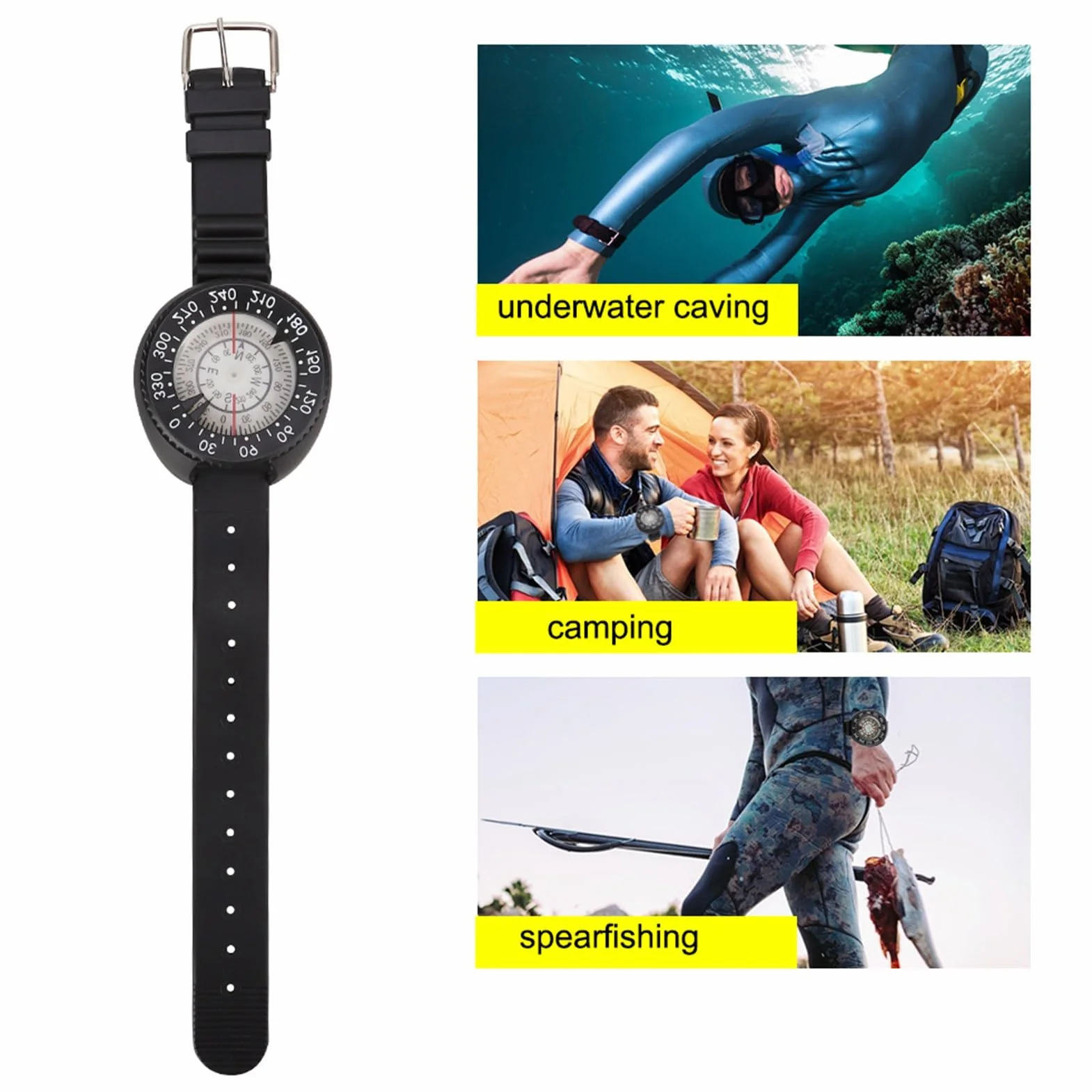 BuyWeek Brújula de Buceo Brújula de Muñeca Luminosa Impermeable 5 ATM | Brújula de buceo con correa de muñeca, esfera luminosa y lectura clara para snorkel, pesca submarina y acampada