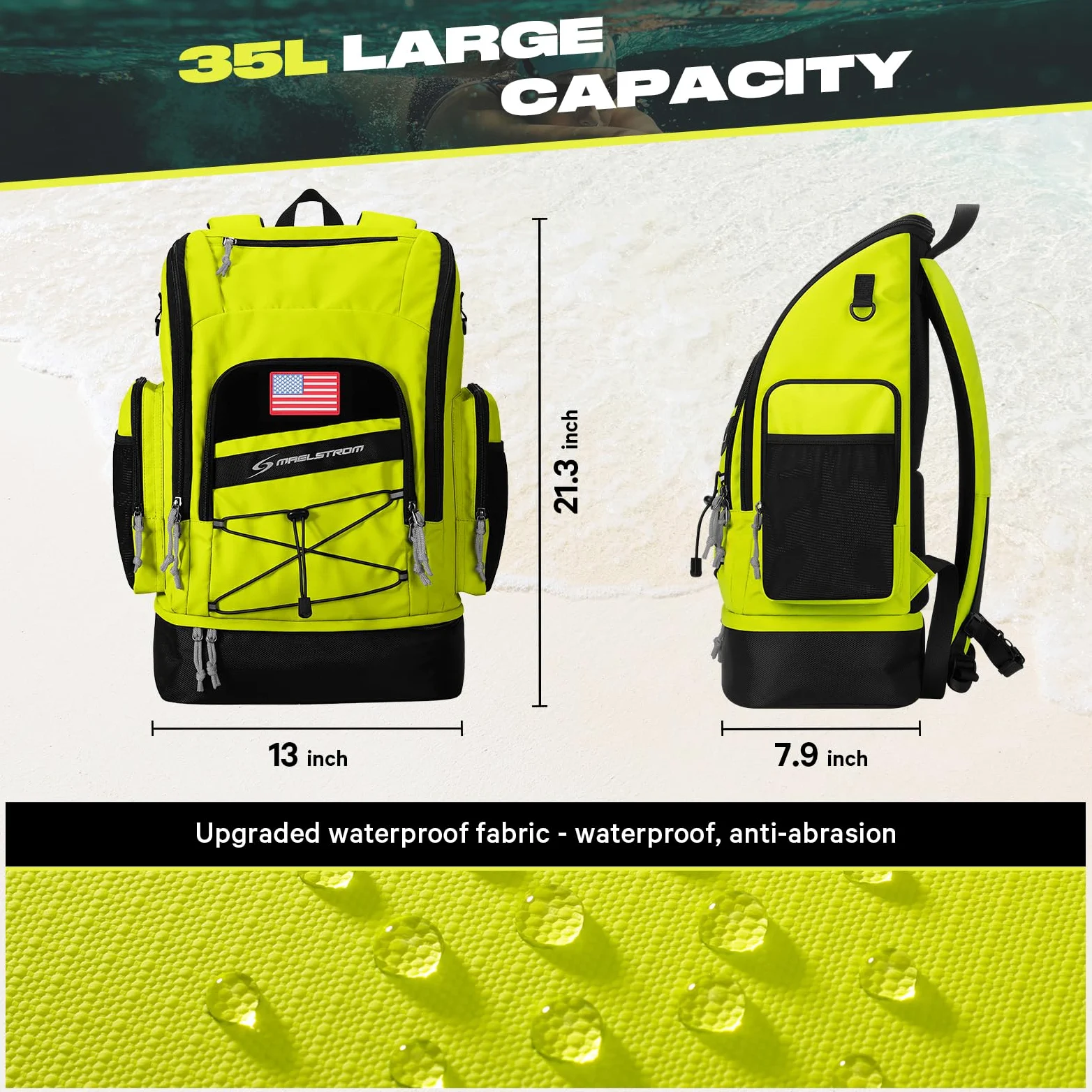 Maelstrom Swim Backpack,35L Swimming Bag with Separate Shoes Compartment,Swim Gear Bag,Athlete Gym Rucksack for Men and Women