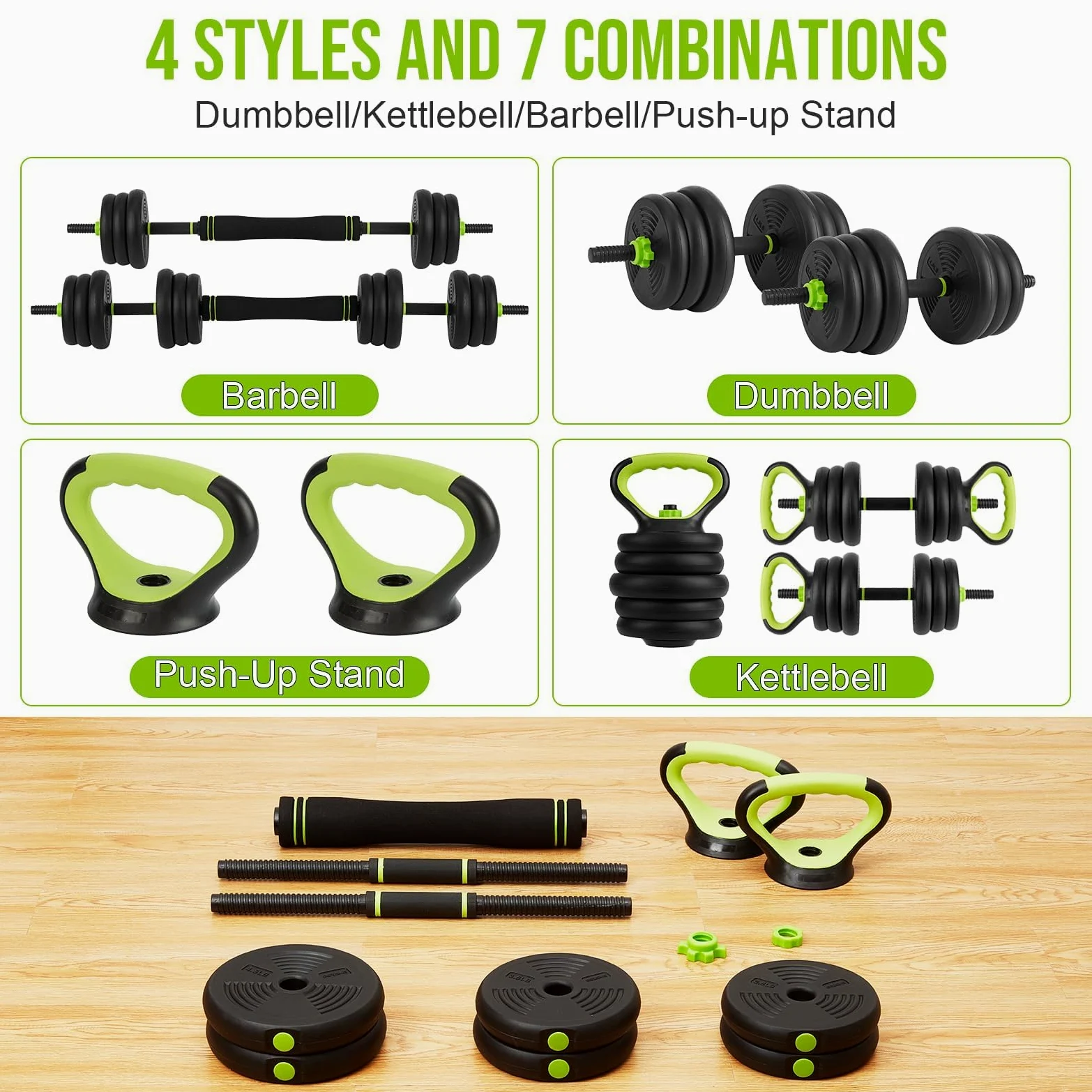 Garvee Juego de mancuernas ajustables 6 en 1, barra recta/rizada, pesas rusas y soporte de flexión, 2.5 libras, 3.5 libras, 4.4 libras, 5 libras (total 66 libras), opciones para gimnasio en casa