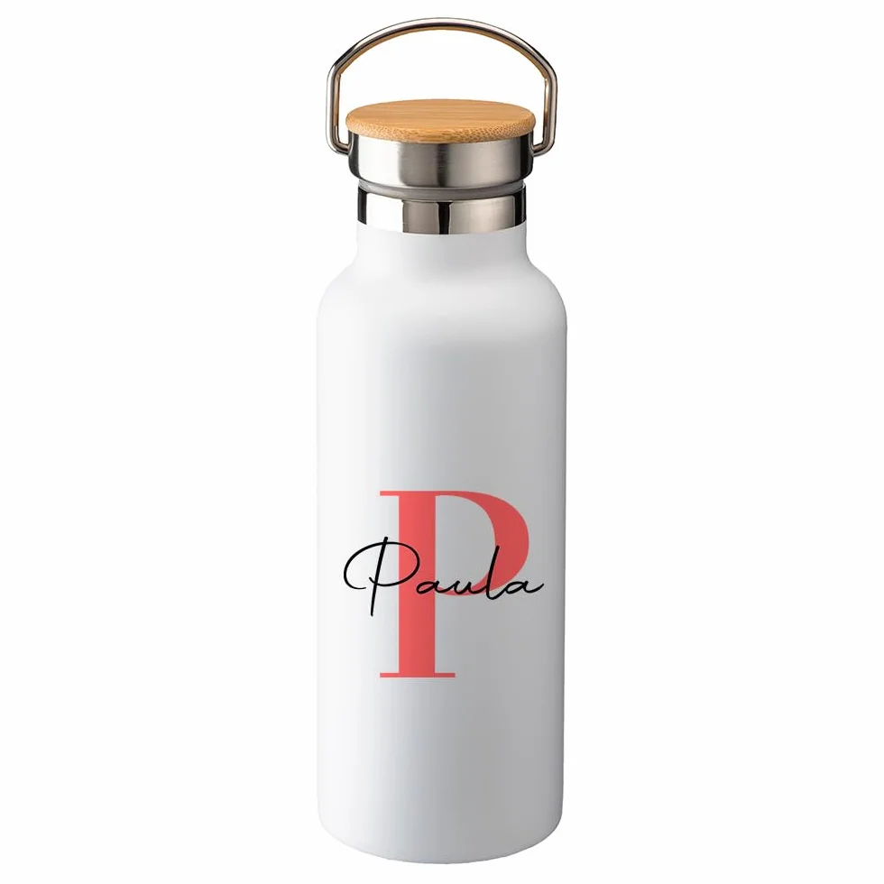 Genérico Botella térmica personalizada inicial y nombre 500 ml bambú, acero inox