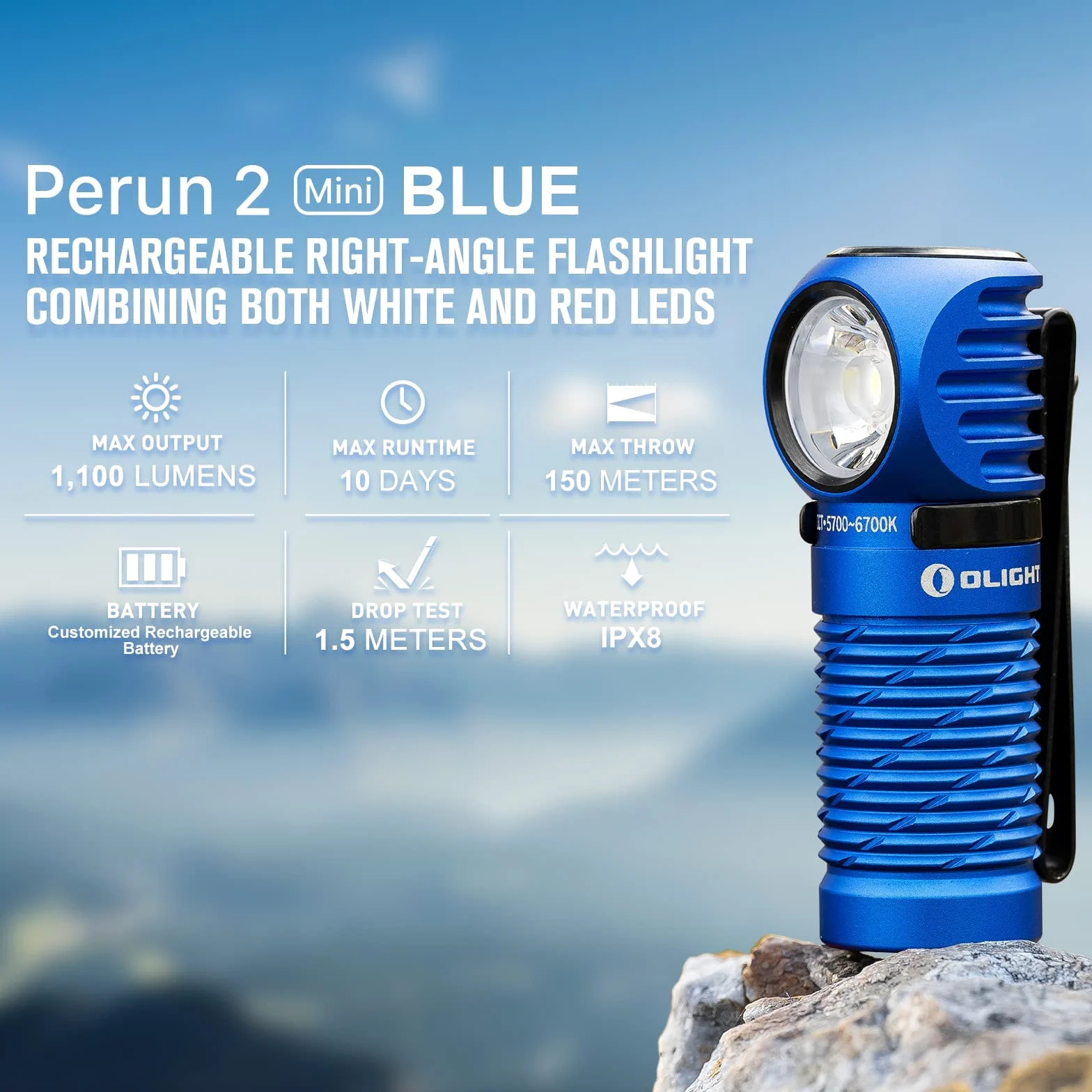 OLIGHT Perun 2 Mini, Linterna frontal LED con banda para cabeza, alcance 150 m. Luz blanca 180º
