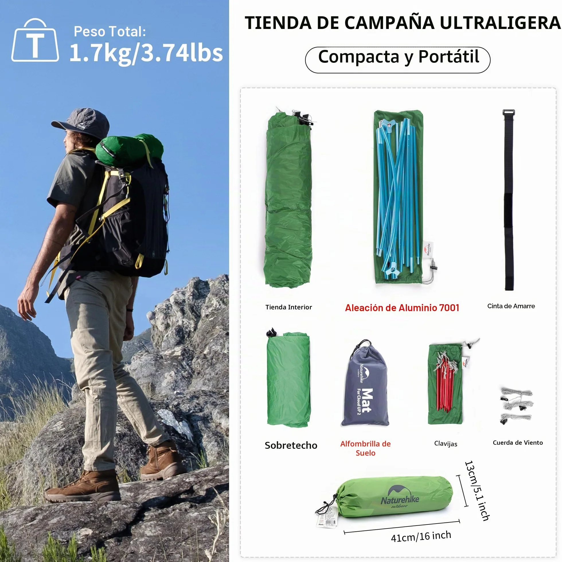Naturehike Cloud-up Ultraligero 1 Persona Tienda de campaña Impermeable Doble Capa