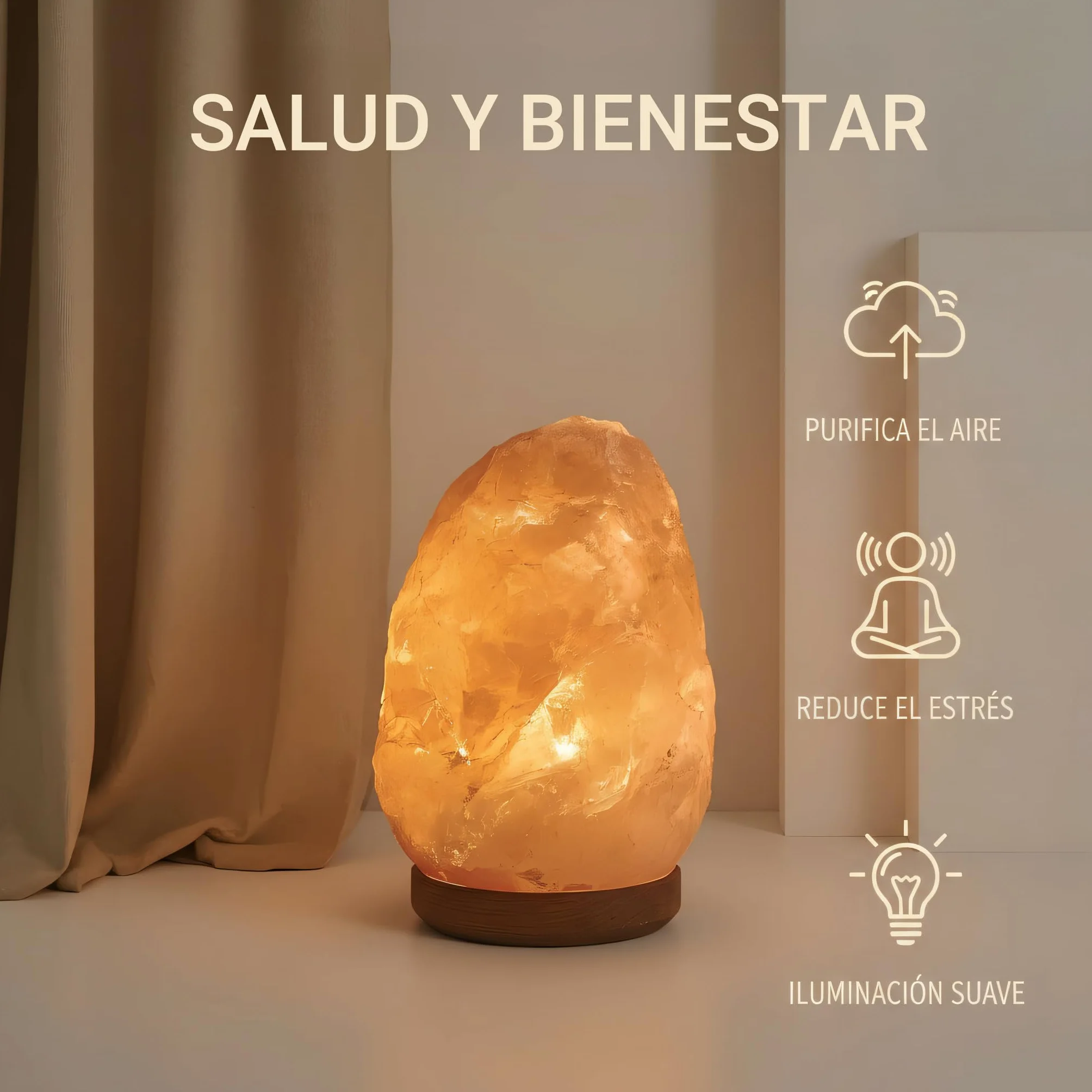 H HANSEL HOME Lámpara de Sal Natural del Himalaya 1.5-2kg con Cable y Bombilla Base de Madera