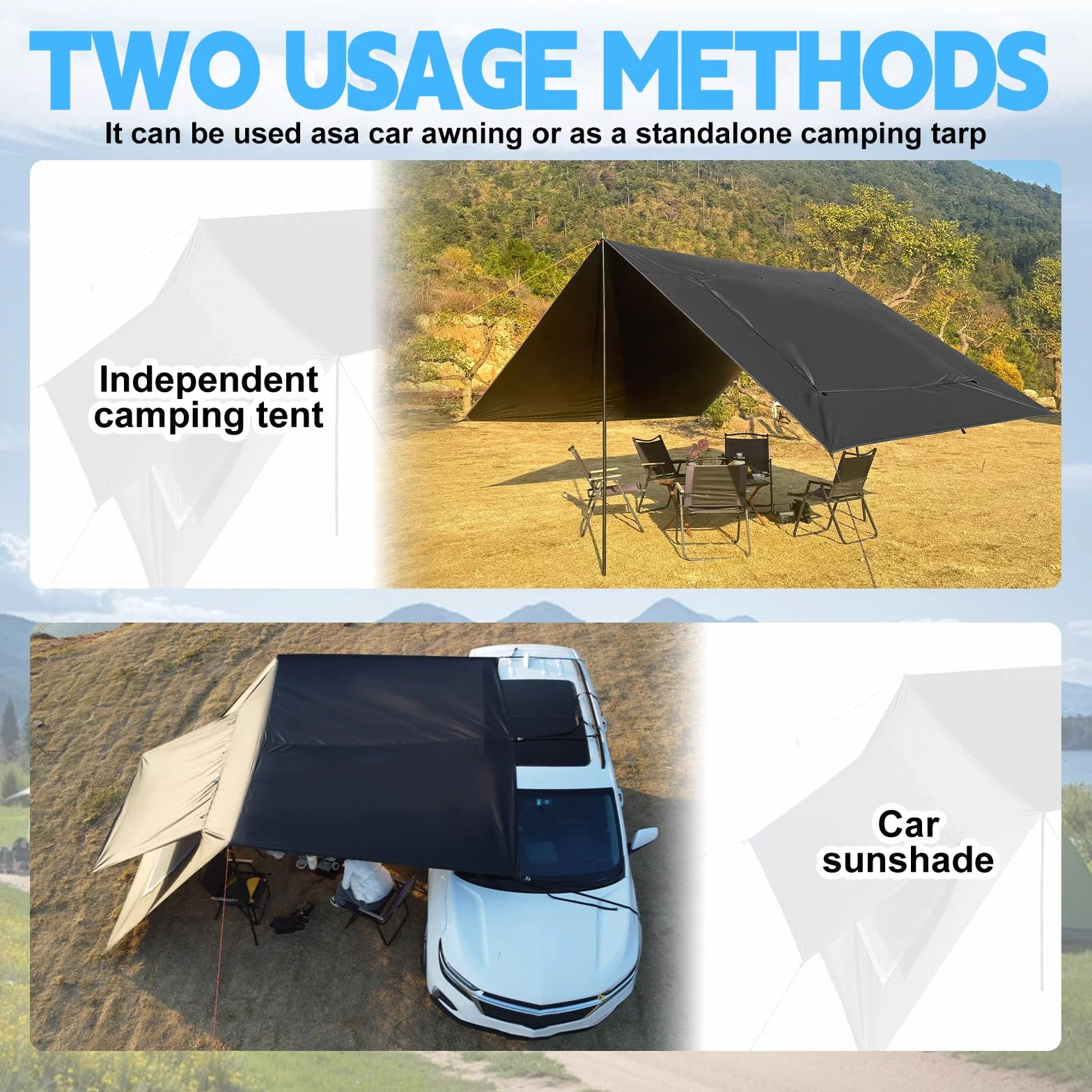Toldo para caravana 9x16 pies impermeable protector solar refugio lona camping poste negro