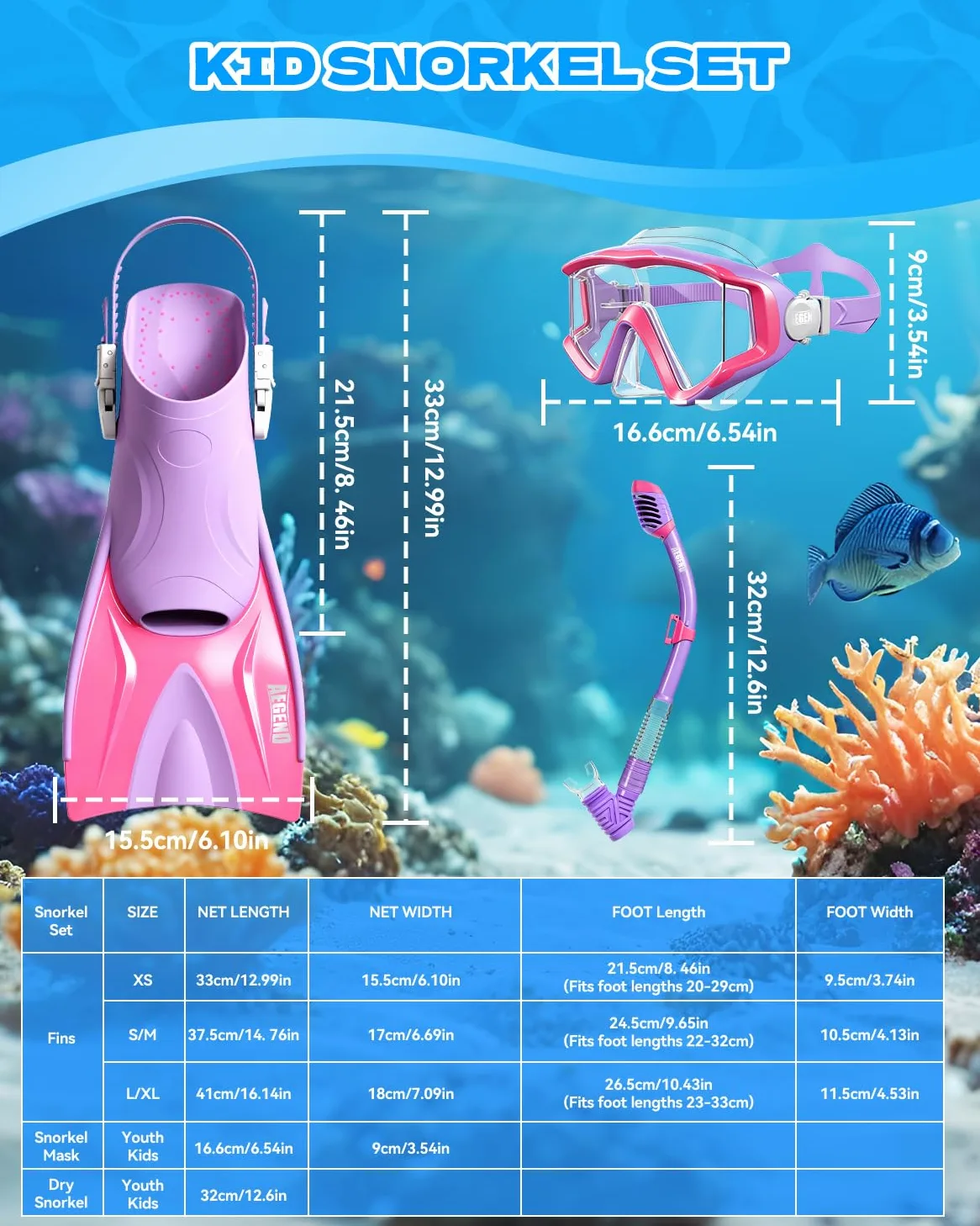 Aegend Equipo de esnórquel para niños y jóvenes: máscara de buceo antivaho, aletas ajustables y esnórquel seco, kit completo de esnórquel para esnórquel, buceo, buceo y natación