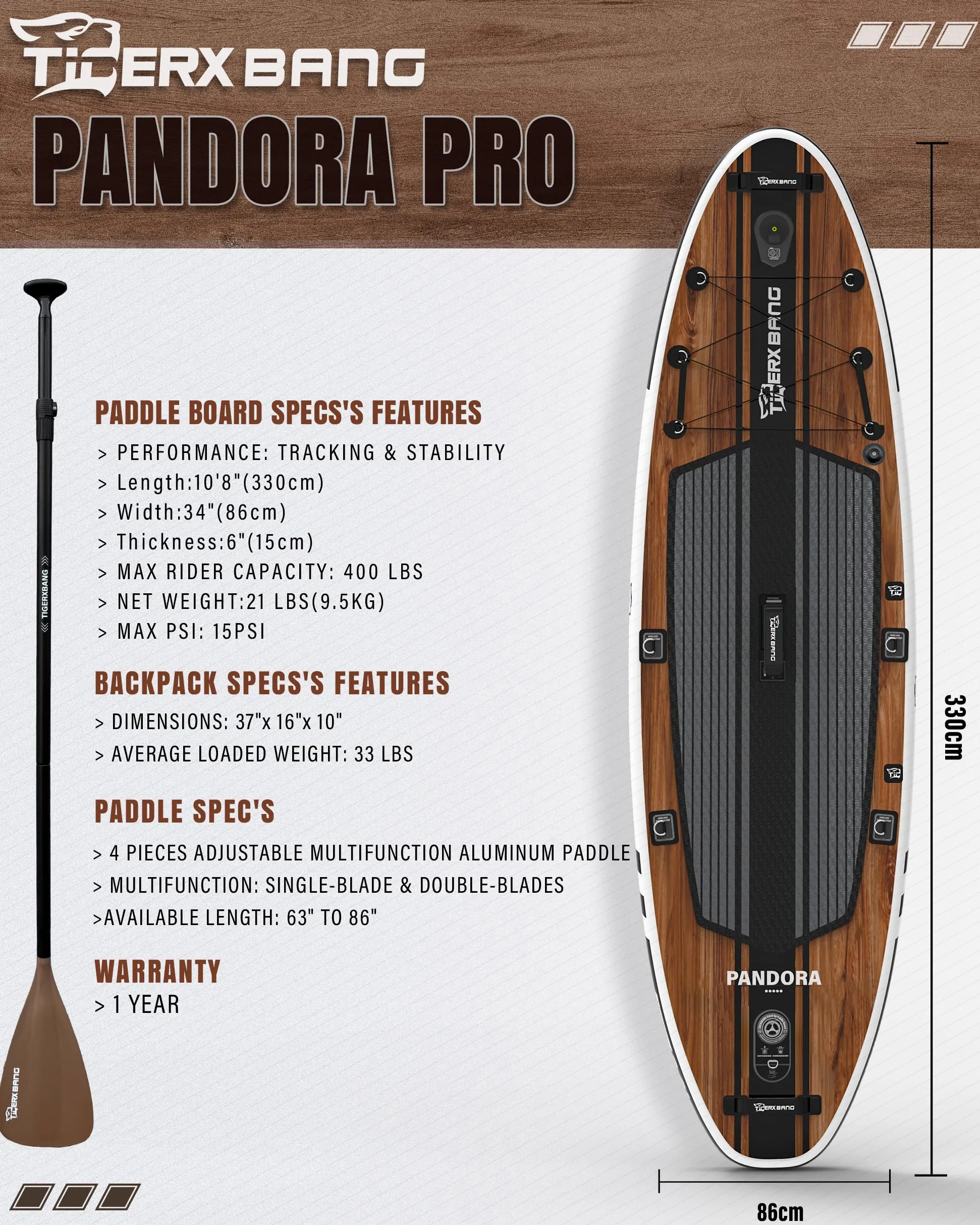 TIGERXBANG Tabla de Paddle Hinchable 330cm, Extra Ancha, Asiento Mejorado, Soporte para Accesorios y Sostenedor para Caña de Pescar, Accesorios Premium para Paseos Recreativos y Pesca