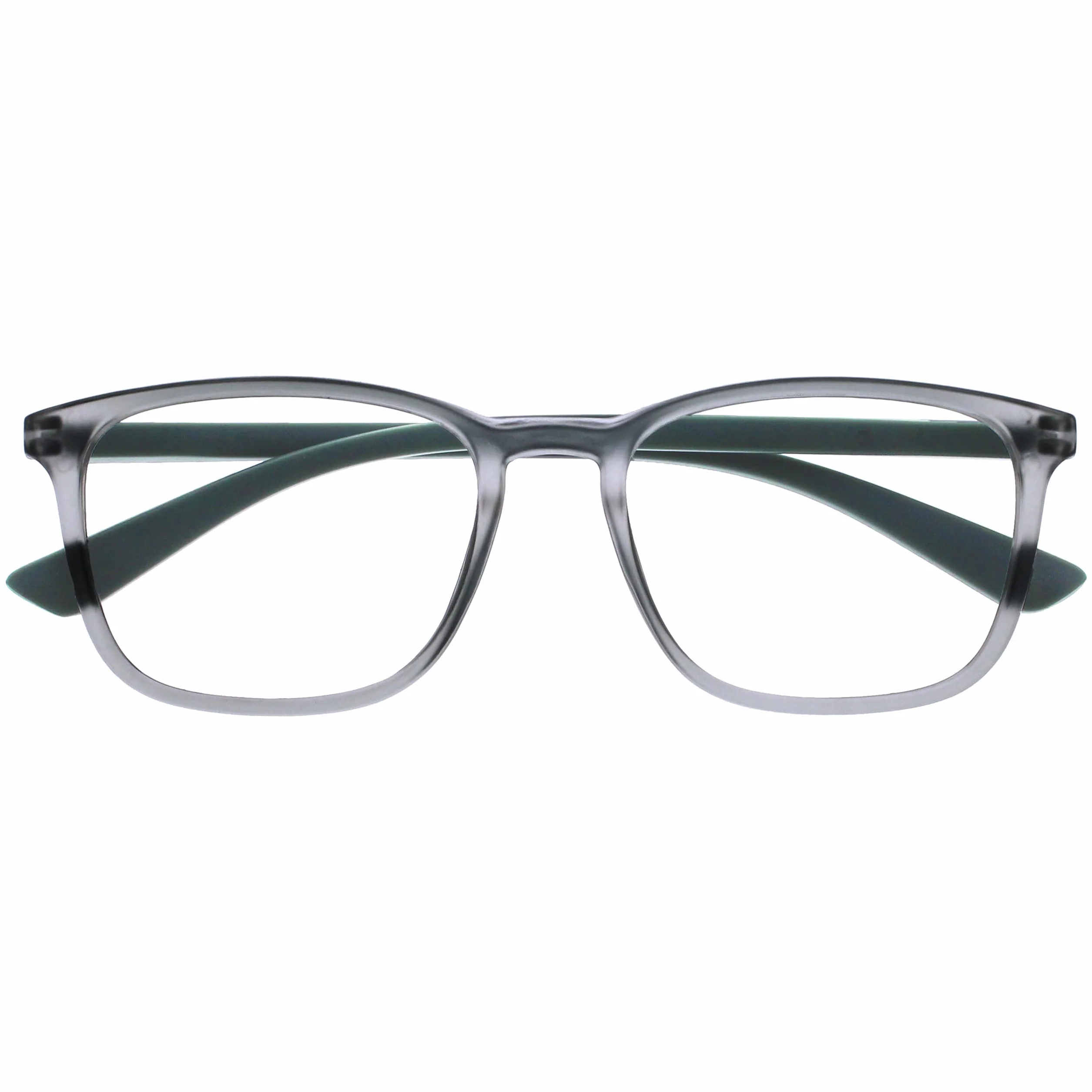 OPULIZE Max Gafas de Lectura +1.00 Marco Rectangular Clásico Grande Gris Mate Transparente Brazos Verdes Bisagras de Resorte