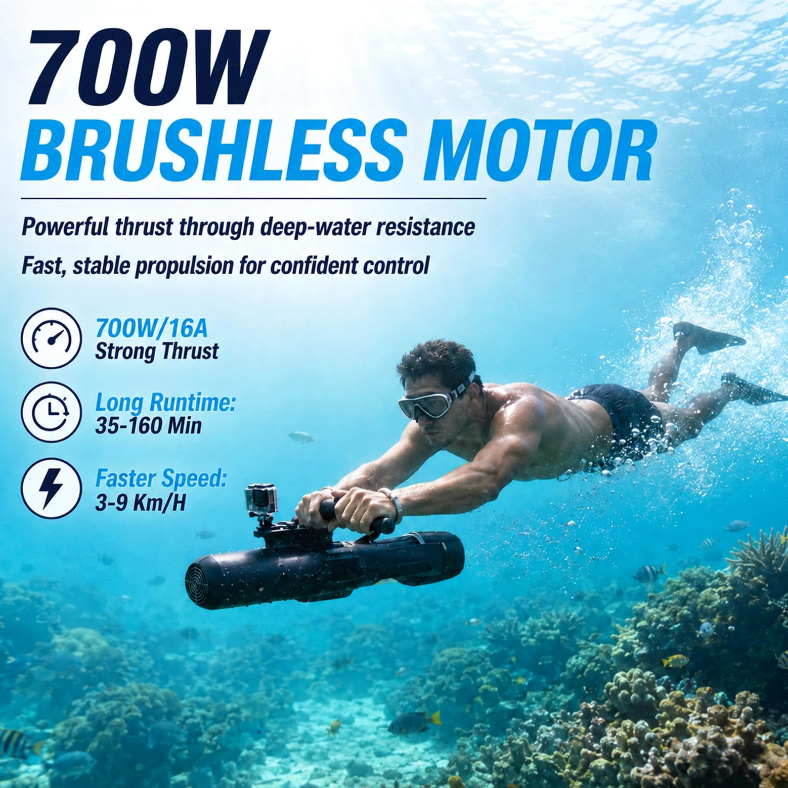 Scooter Submarino con Controlador Doble Modo y Asa de Buceo Ajustable, Profundidad 30M, Scooter Marino para Snorkel, Entrenamiento en Piscina, Tablas de SUP y Aventuras en Aguas Tranquilas 700W