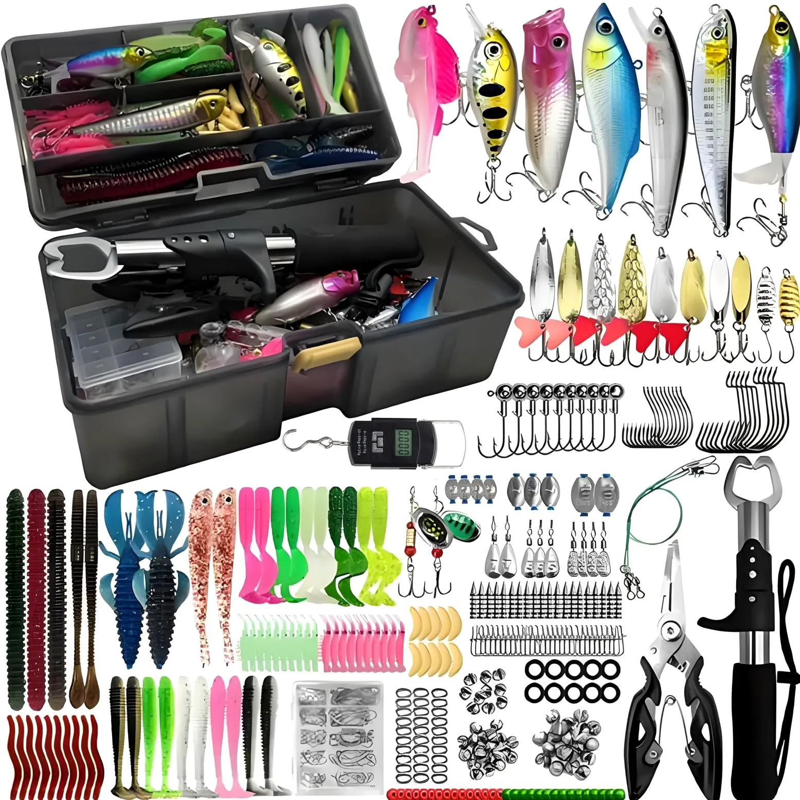 Señuelos de Pesca, 412 Piezas Set de Cebos Pesca Señuelos Accesorios Kit con Caja de Aparejos Anzuelos Alicates Jig Head Sinker Swivel Pesos Equipo de Pesca de Agua Dulce y Salada