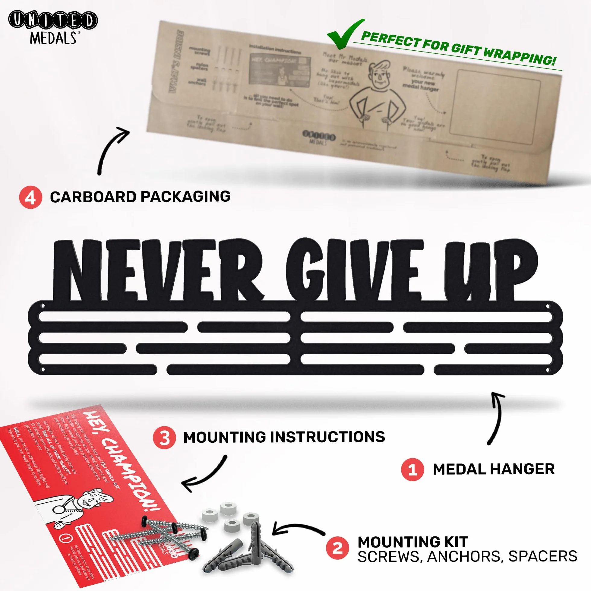 Never Give Up Sports Soporte de Acero para Colgar Medallas, Marco de Montaje en Pared