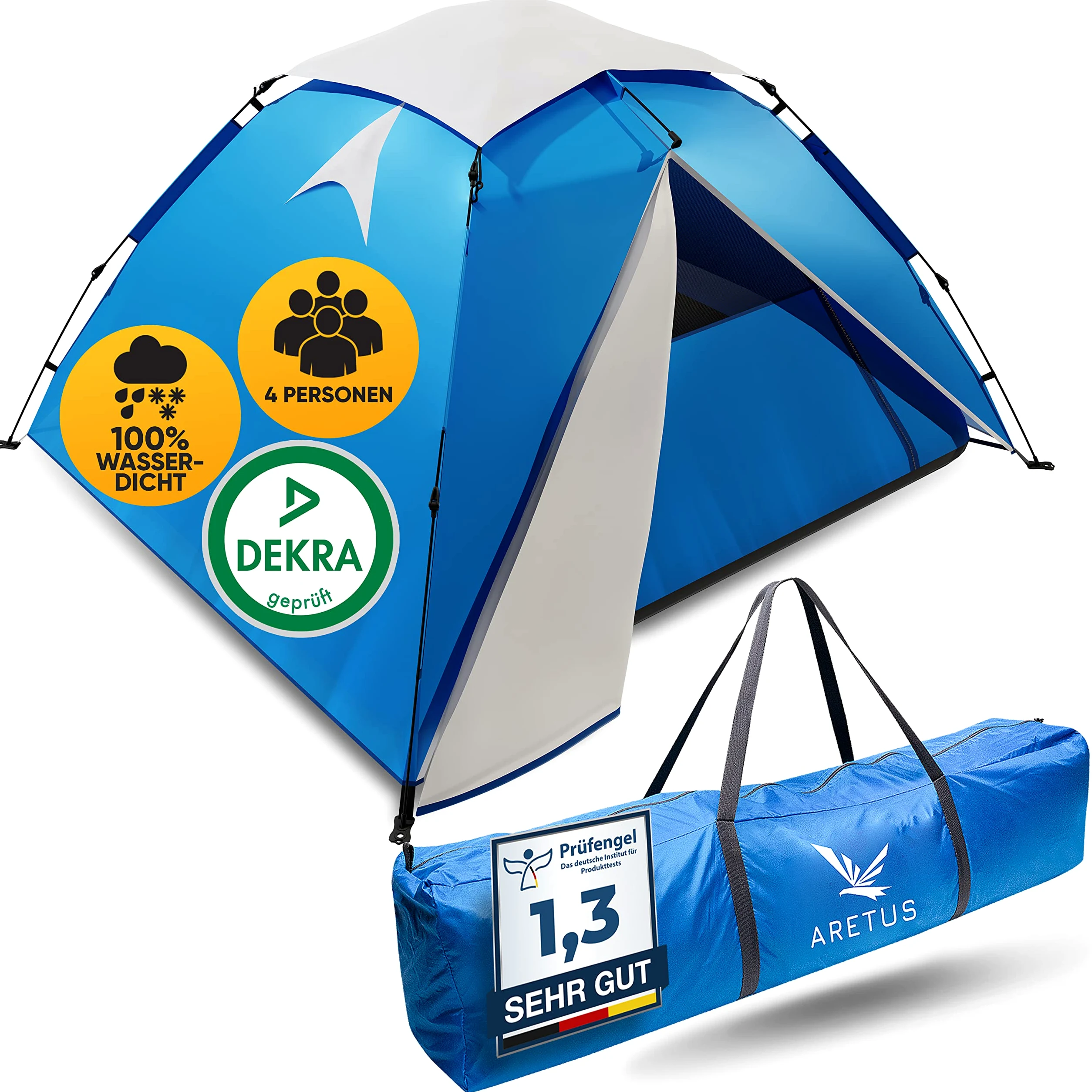Aretus Tienda de campaña para lanzar – extra impermeable y estable, rápido de montar y desmontar en 45 segundos | Tienda de campaña para 2 personas, impermeable, para 3 personas, tienda de campaña