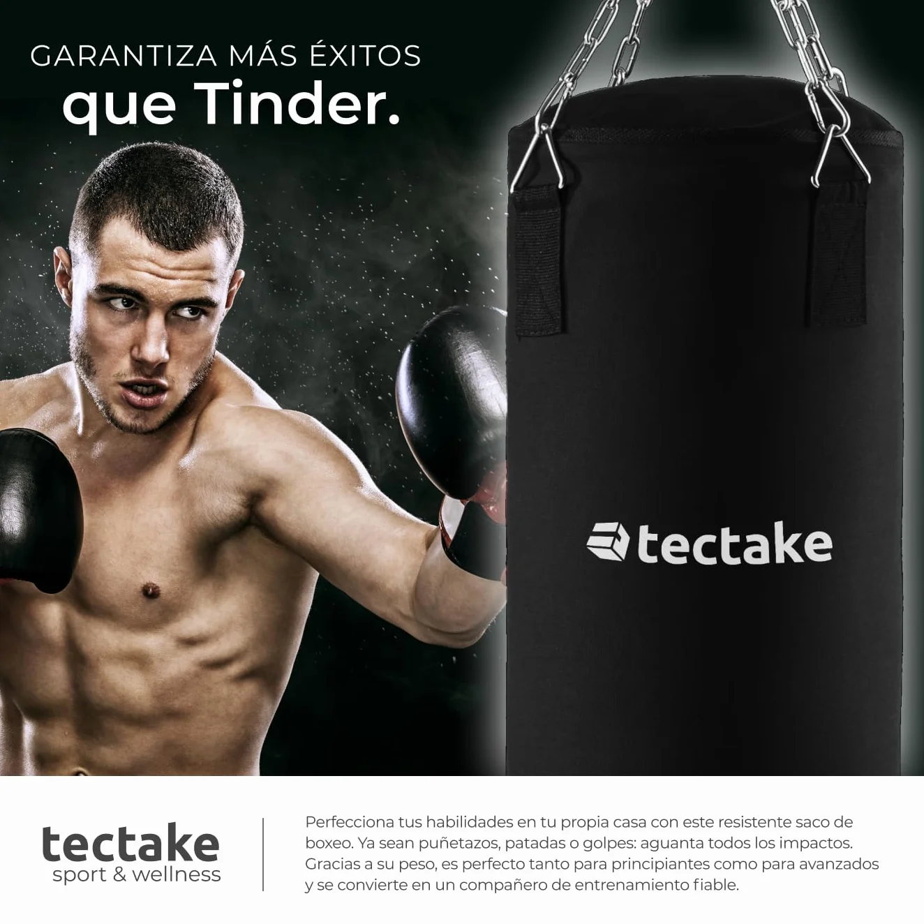 tectake® Saco de Boxeo con Suspensión de Cadena, Cierre Giratorio, para Entrenamiento en Casa, Fitness, Saco Boxeo para MMA, Muay Thai, Fitness, Kick Boxing - 28 x 28 x 105 cm