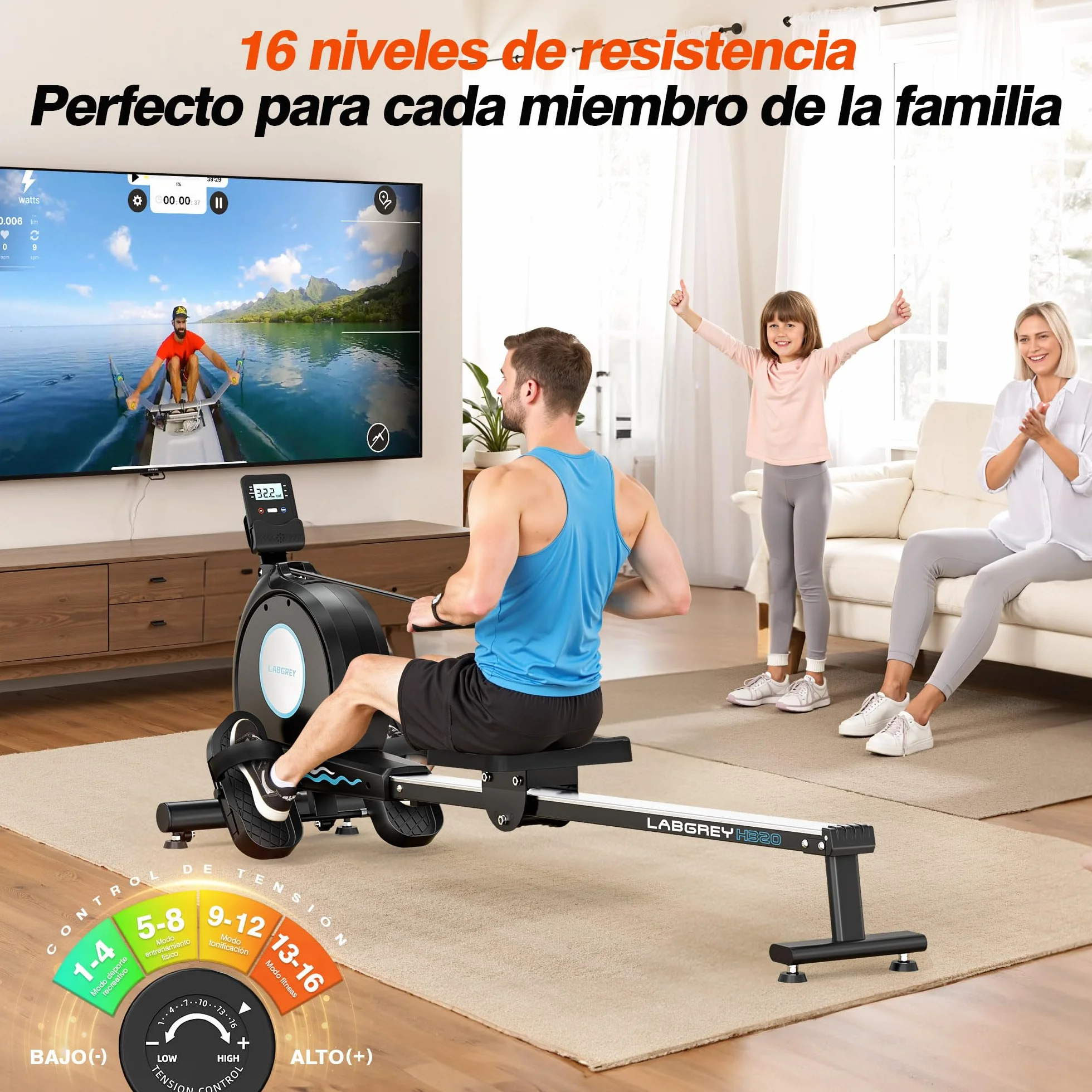 Máquina de Remo LABGREY Magnética Bluetooth para Casa, Compatible con App, Silenciosa y Estable, Soporta hasta 158 kg, Ideal para Entrenamiento Cardio en el Hogar