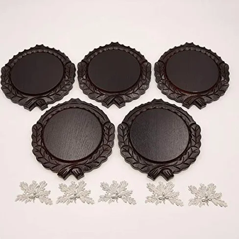 GTK - Juego de 5 placas de cuña talladas oscuras AF 14 cm con 5 hojas de roble de 6 hojas, tabla de cuñas, tabla de especias, cartel para trofeos