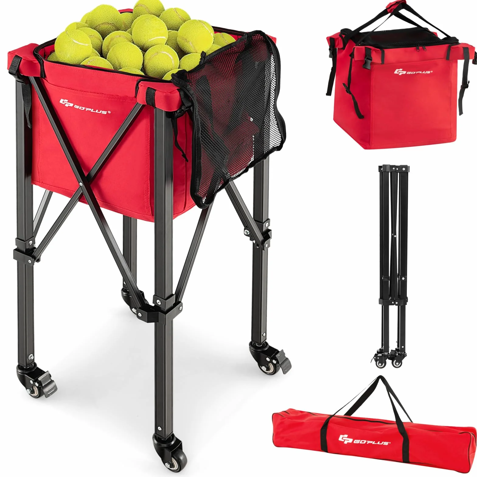 GOPLUS Carro de tenis plegable, carrito de pelotas portátil con bolsa de transporte, carrito de pelotas de tenis de aluminio y tela Oxford, soporta hasta 30 kg, cesta para pelotas de tenis, bádminton
