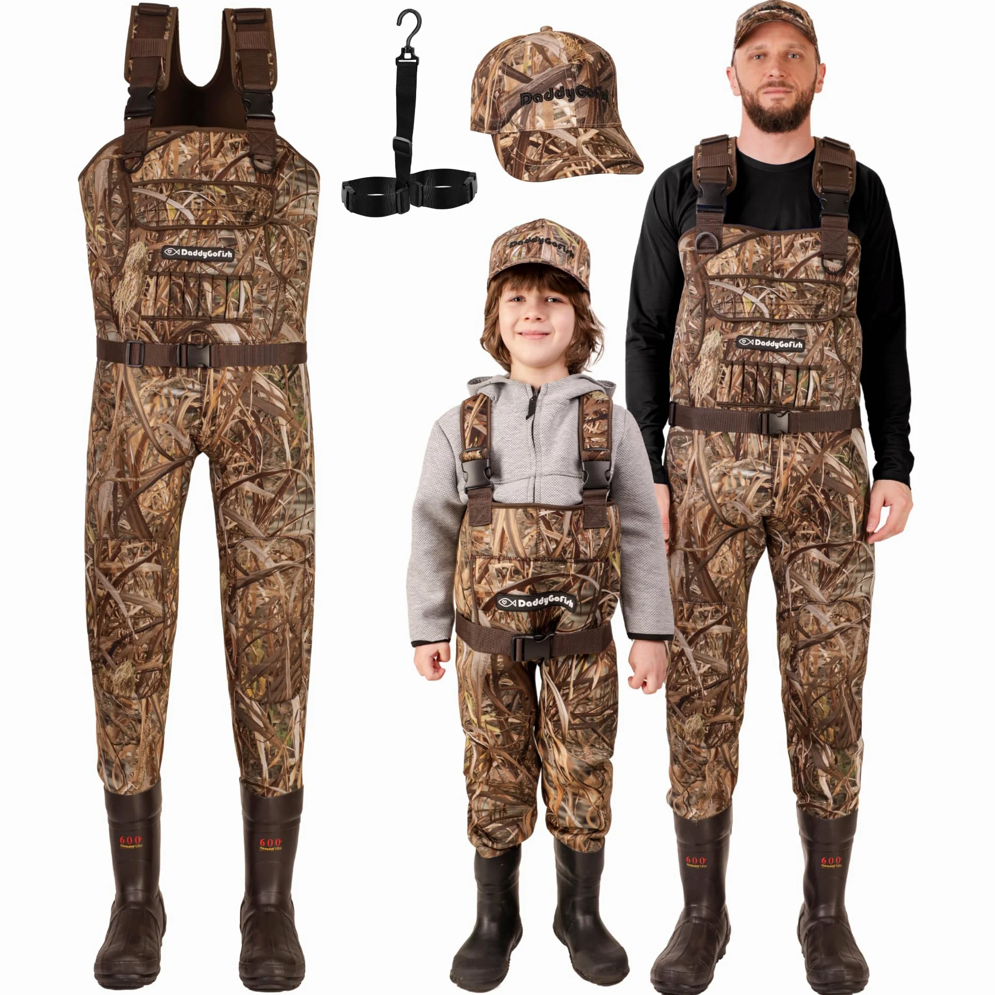 DaddyGoFish Vadeadores De Pecho De Neopreno para Niños Y Adultos, Bootfoot, Pesca Y Caza con Gorras De Camuflaje Y Colgador De Vadeador
