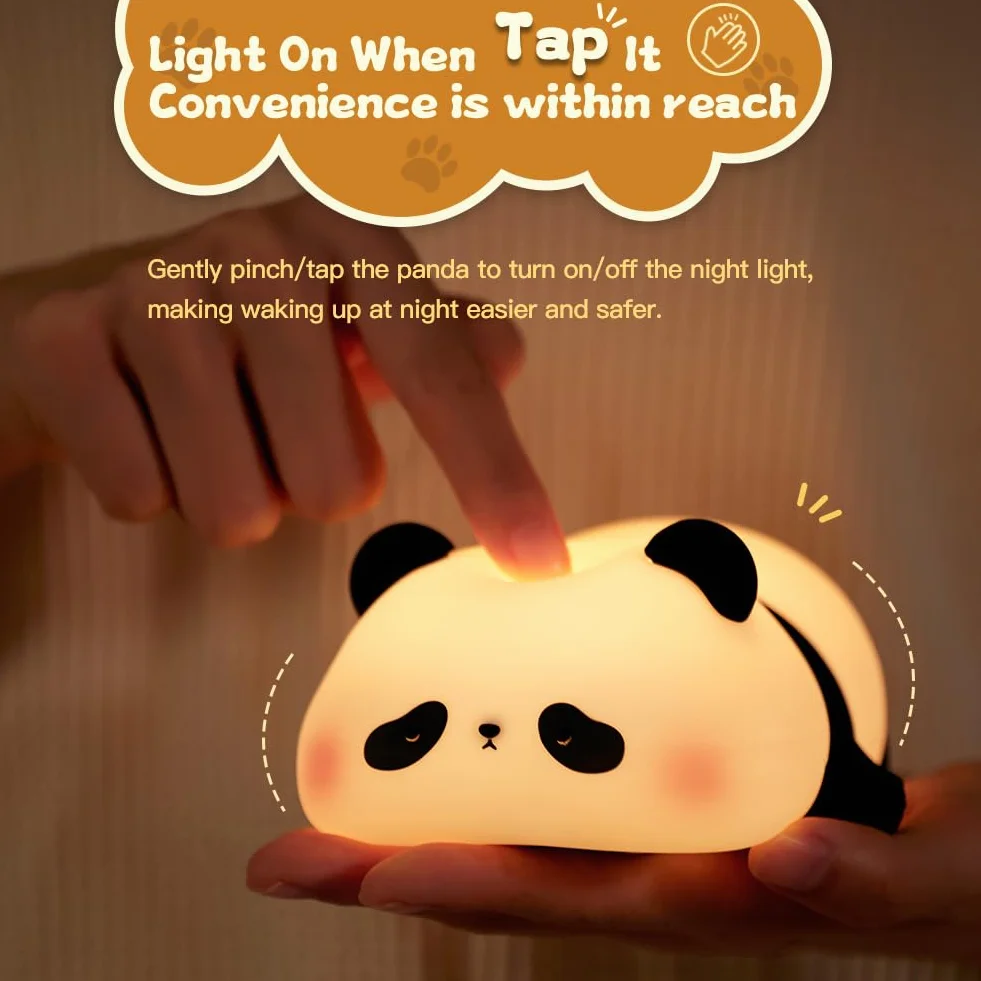 Luz Nocturna Infantil Panda de Silicona, Ajustable 3 Niveles Brillo 30Min Temporizador, USB Recargable LED Lámpara Regalo Niños