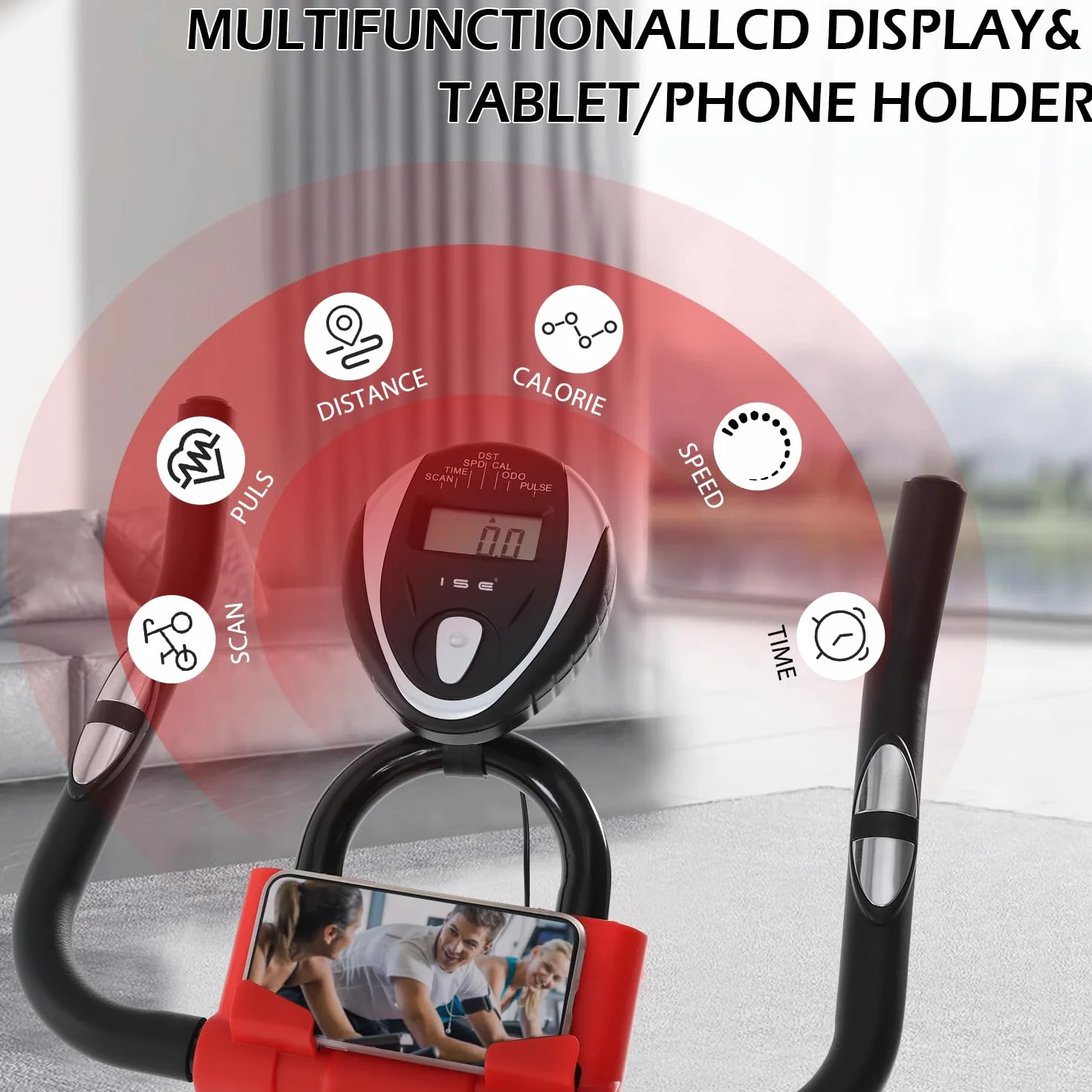ISE Bicicleta Estática Indoor, Volante de Inercia 9KG, Bici Estatica Ajustable Resistencia, Bicicleta Profesional con Pantalla,Soporte, Sillín y Asa Ajustablesa, Max.120KG